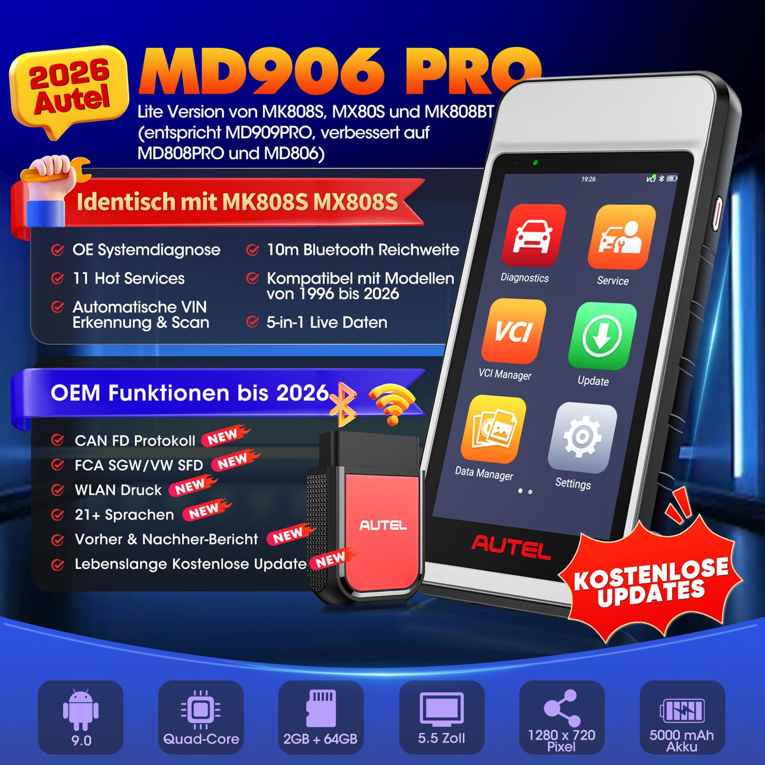 Autel MaxiDIAG MD906 PRO Diagnosegerät, 2026 MD906PRO OBD2 Scanner für Vollständige Systeme, Bluetooth Lite von MaxiCOM MK808S MX808S, Gleich wie MD909 PRO, CAN FD, 11 Dienste, Keine Abonnementgebühr