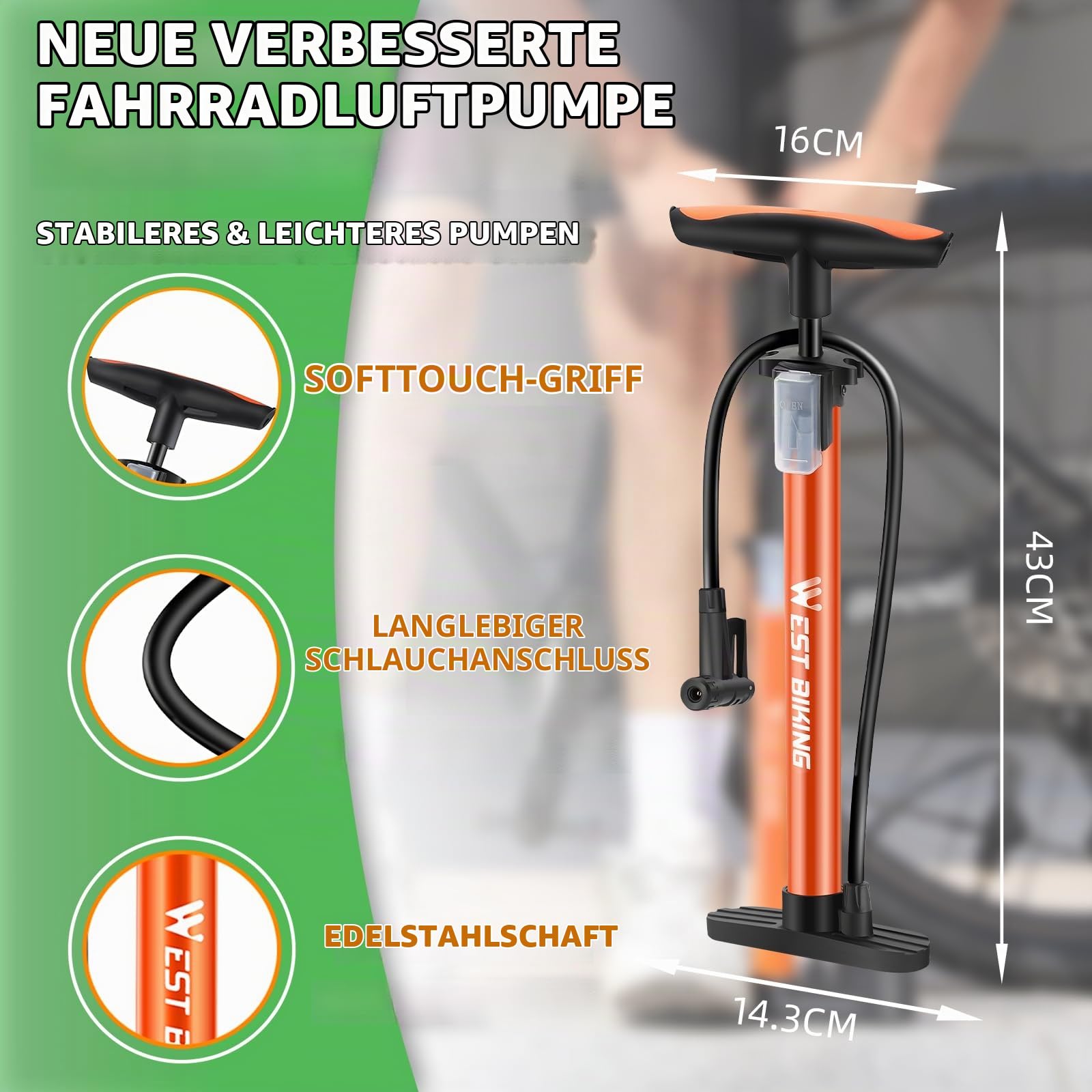 Fahrradpumpe Luftpumpe Fahrrad für alle Ventile - 11 Bar / 160 Psi Standluftpumpe - Standpumpe für Rennrad, E-Bike, Mountainbike