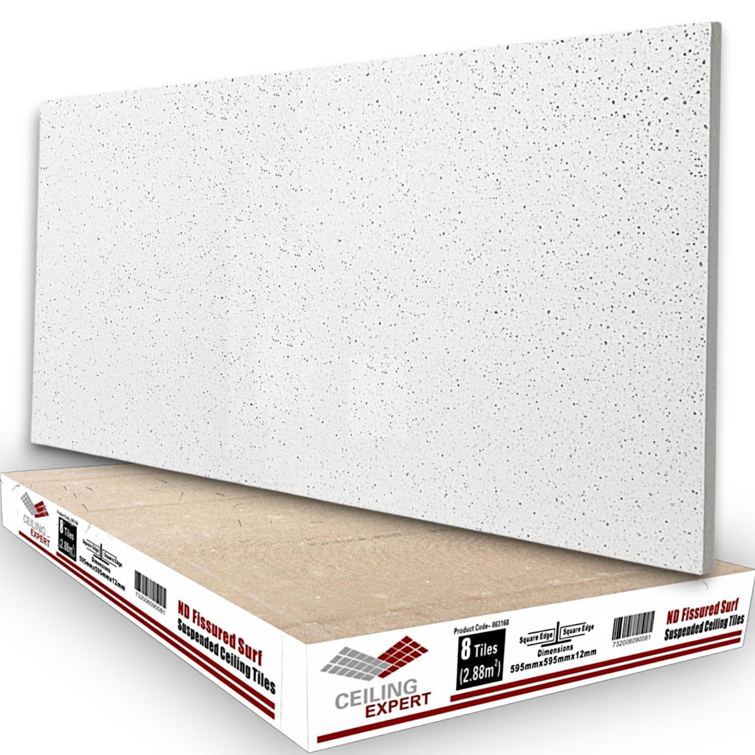 Suspended Ceiling Fine ND Fissured Board Office Acoustic Tiles, 1195mm x 595mm, Fit in a 1200mm x 600mm Grid System, 8 Tiles Box