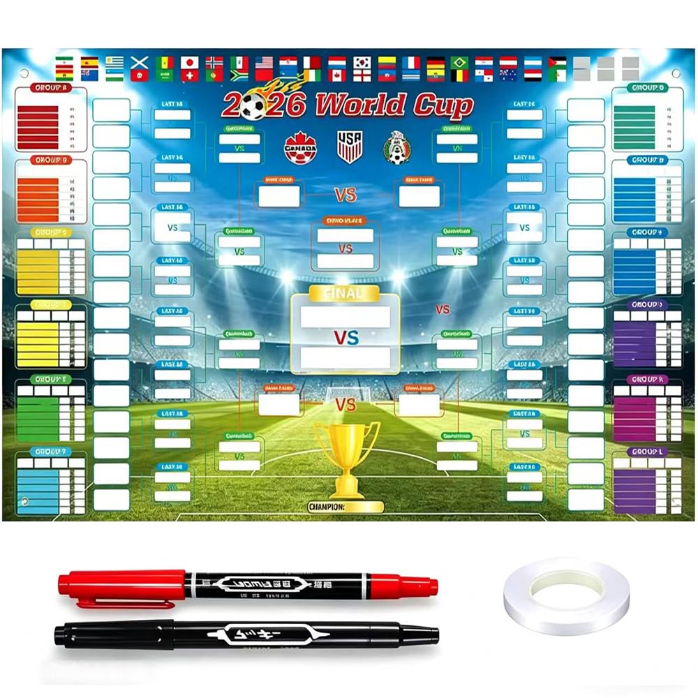 Shengou 60×84cm Fútbol M 2026 Wallchart con 2 Bolígrafos, Fijaciones Copa Mundial de Fútbol