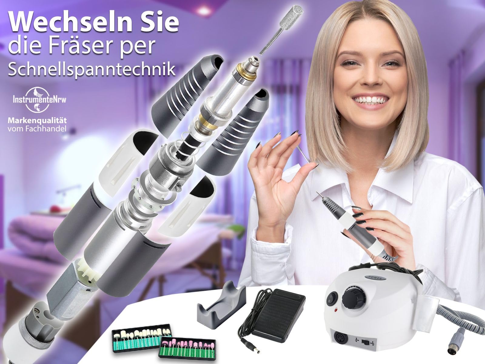 Fußpflegegerät Pediküre Fräser Fußpflege Set mit kompletter Ausstattung | Elektrisches Schleifgeräte Set mit Nagelzangen, Hornhautentfernern und Nagelfräser-Bits