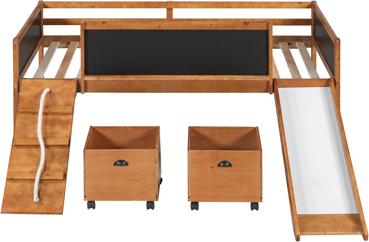 Merax Twin Size Loft Bed with 2 Storage Boxes, Natural Wooden Low Loft Bed Frame with Under Storage, Slide and Double-Sided Chalkboard