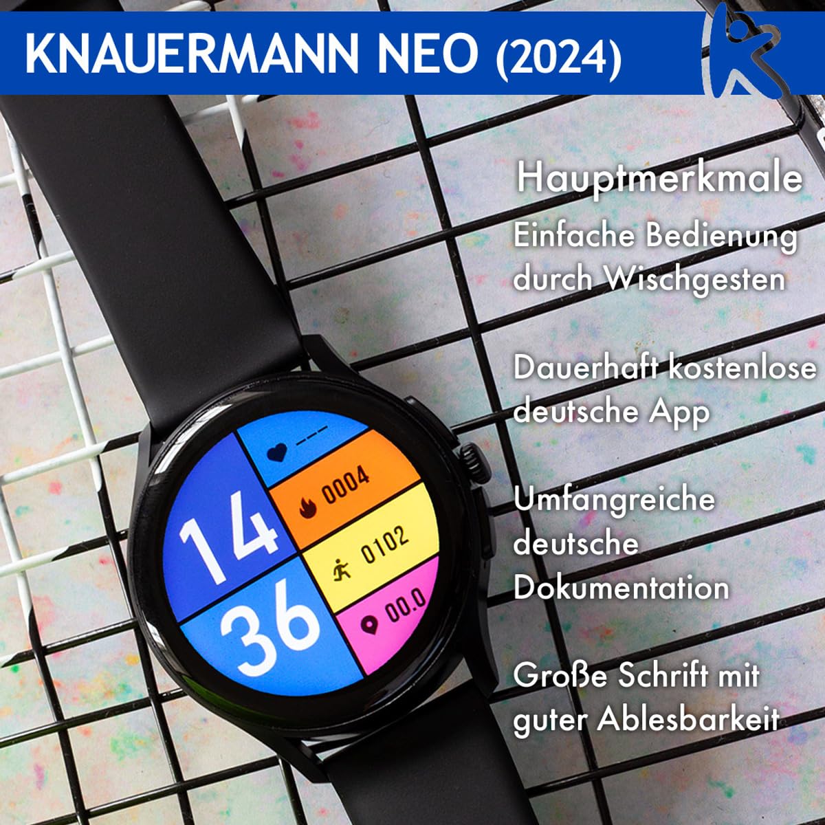 Knauermann Neo (2024) Gold Rund - Gesundheitsuhr Smartwatch - EKG + HRV Funktion - BT Bluetooth - Schlafapnoe - Blutdruck - Silikonband Schwarz, 14-24