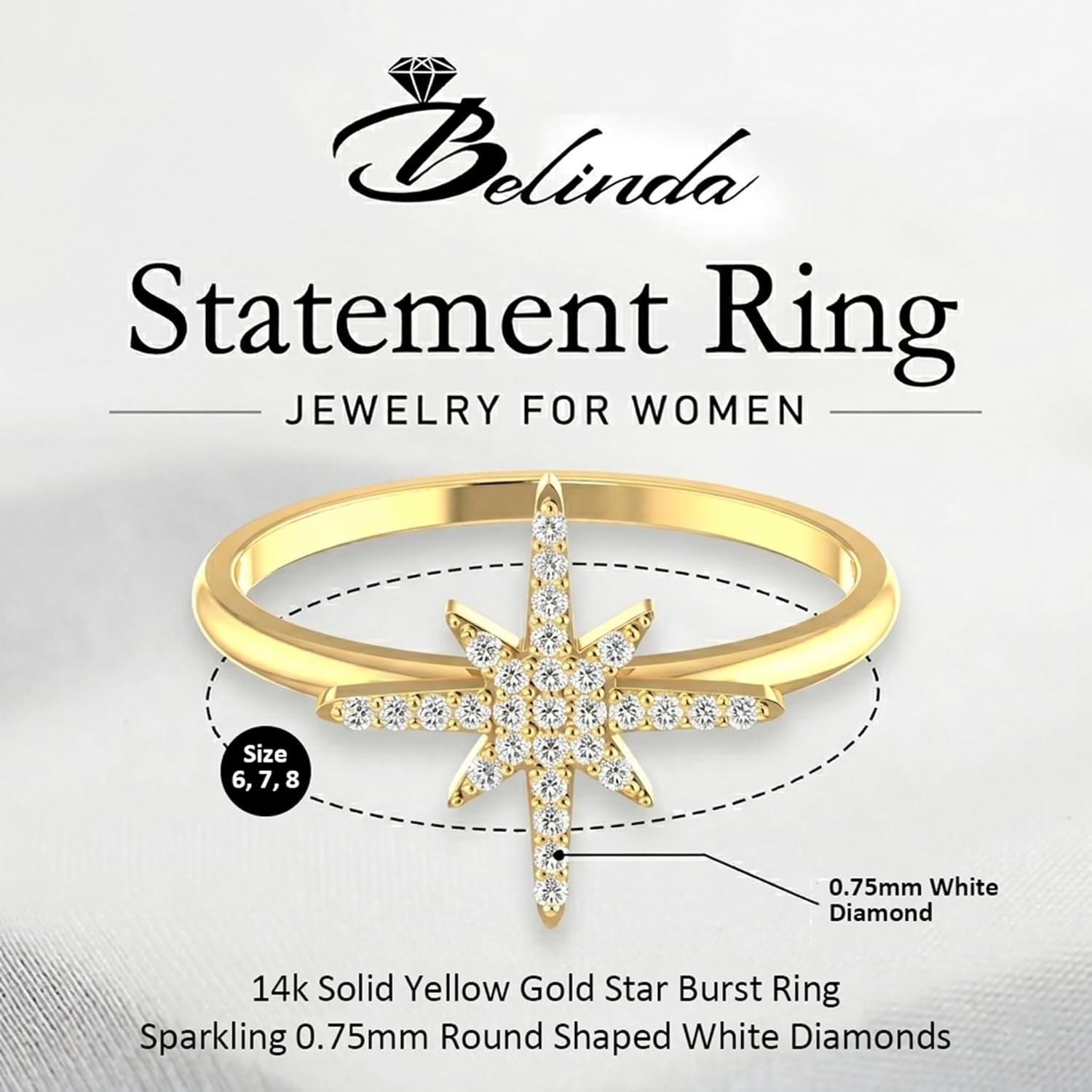 Ring 14k Solid Yellow Gold Star Burst Ring with Natural 0.058 carats Sparkling 0.75mm White Diamonds Round Shaped in Prong Setting Ideal Gift for Women Girl