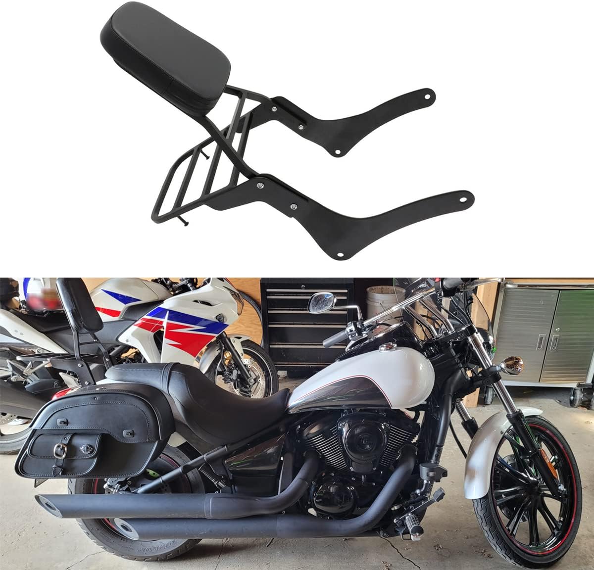 Comfortable Leather Backrest Sissy Bar + Luggage Rack Pad Compatible With Kawasaki Vulcan 900 VN900 1996-2018 (Chrome) (Black)