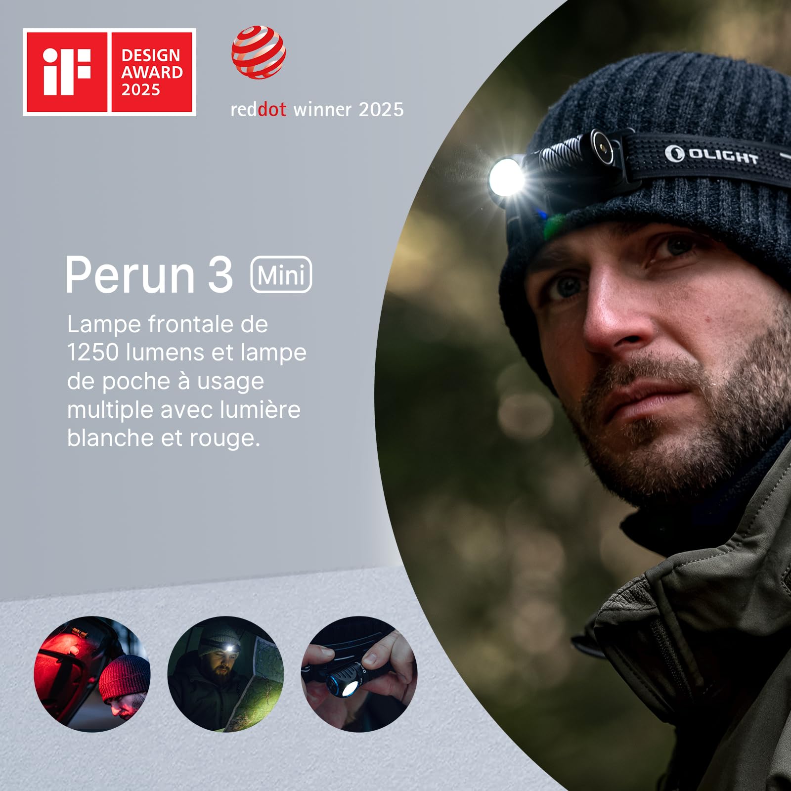 OLIGHT Perun 3 Mini Lampe Frontale Rechargeable 1250 Lumens, 10 Jours Max | Super Lumineux Headlamp Torche USB Portée Max.155 Mètre Lumière Blanche et Rouge Réglables Étanche IPX8, Noir