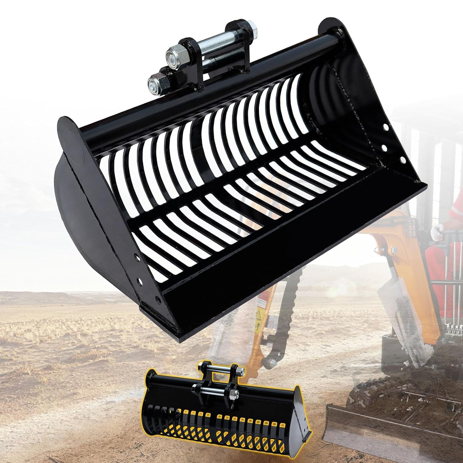 Siebschaufel Minibagger 60 cm, 800-1800 kg Sieblöffel | Manganstahl, 2,5 cm Sieböffnung, inklusive Pins, für Trennung von Erde, Sand, Steinen und grobem Material