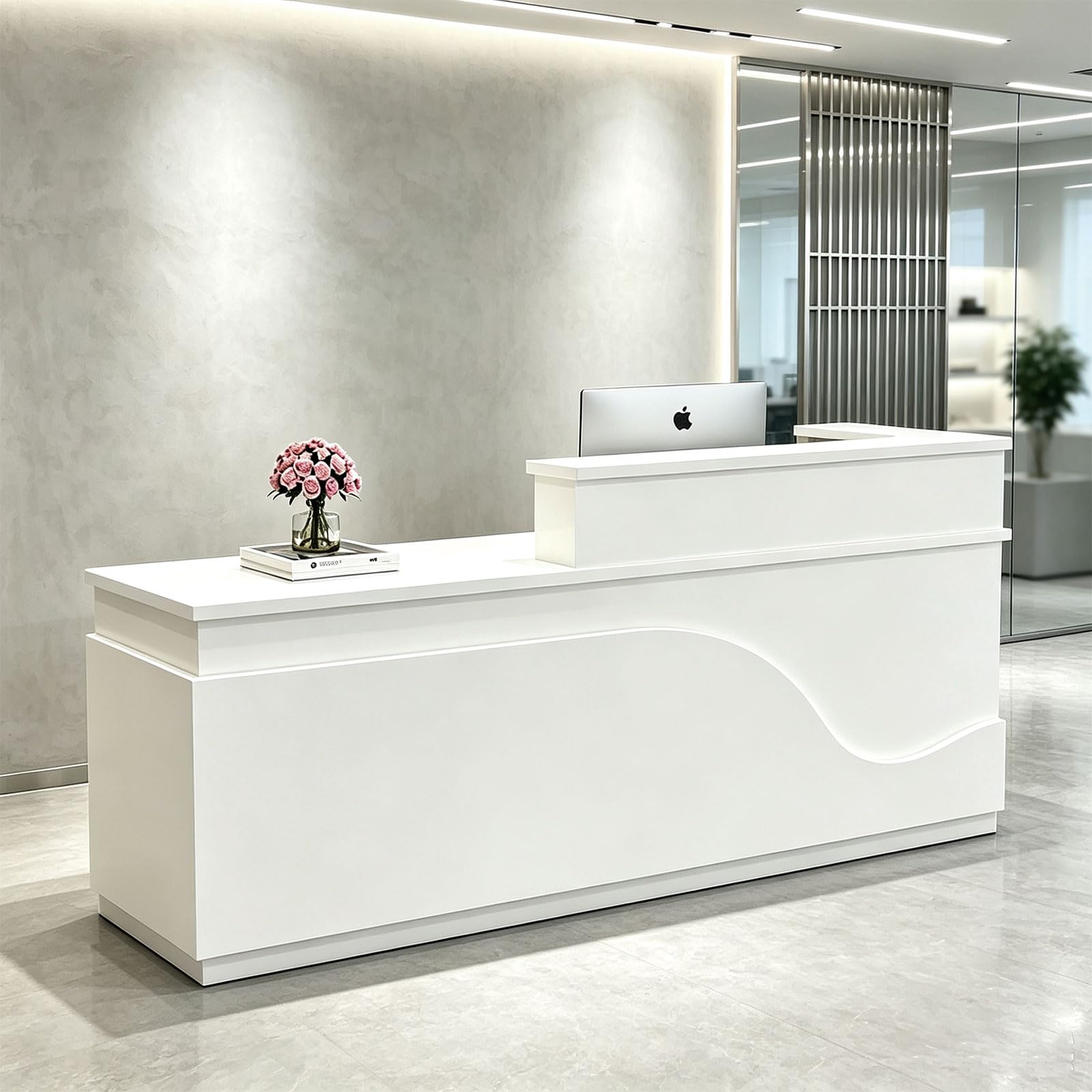 63-inch L-Shaped White Reception Desk, Modern Front Desk, Office