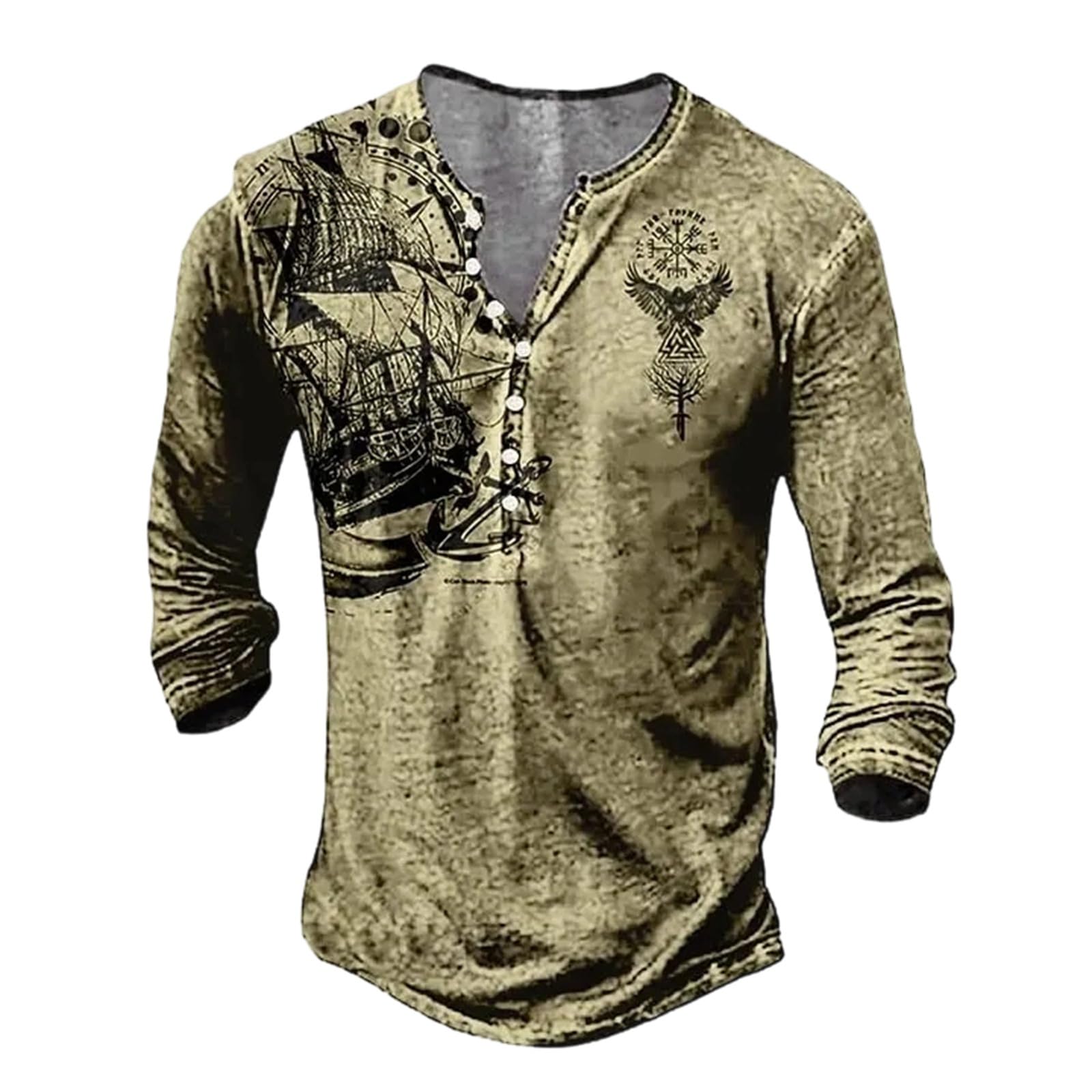 Men's Gothic Nordic Mythology T Shirts Retro Printed V Neck Lace Up Long Sleeve Pullover Vintage Distressed Henley Shirt Top Street Tshirt Sports Shirt, Khaki, XL