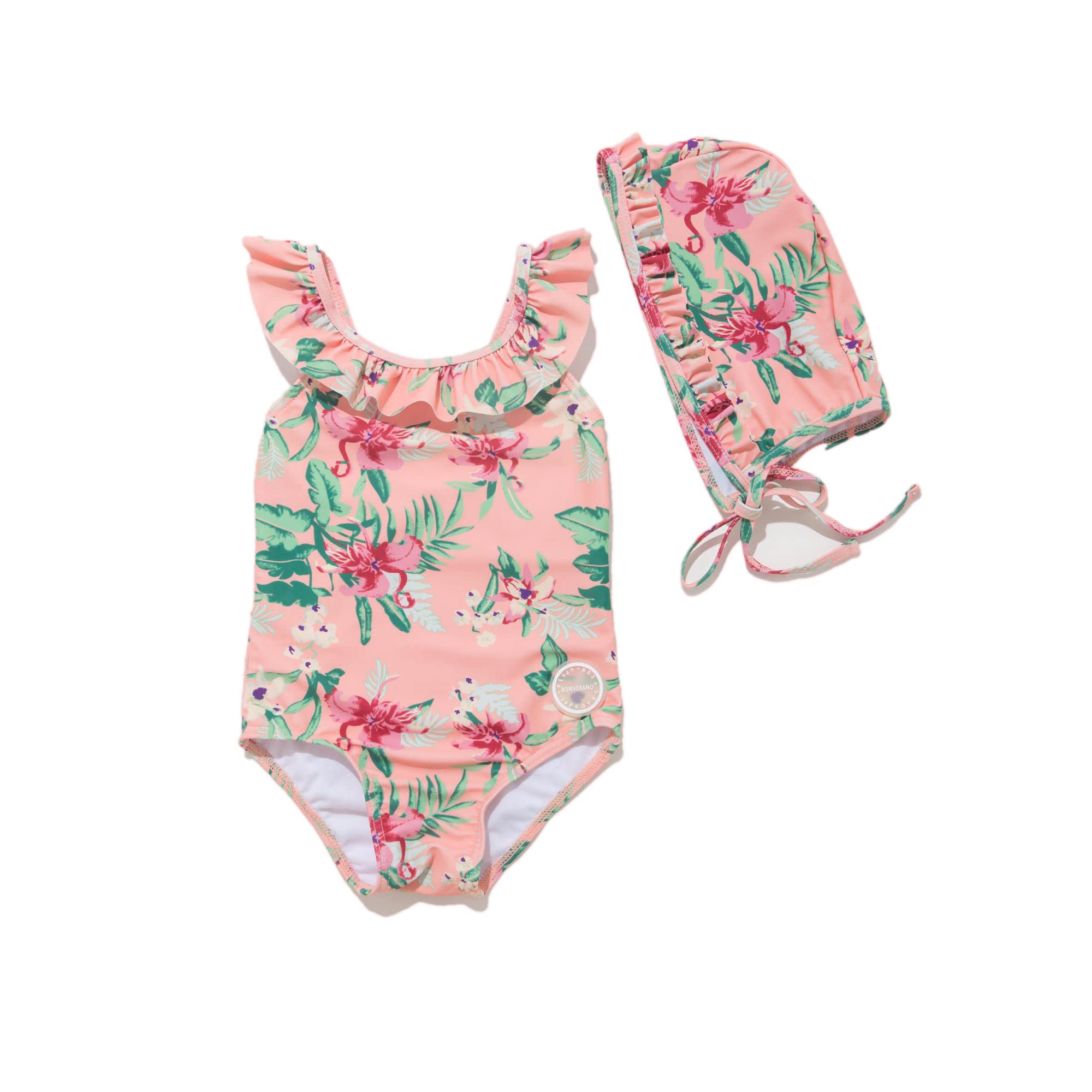 BONVERANO Kleiner Mädchen Schwimmanzug UV-Schutz Blumen Schwimmanzug mit Sonnenhut