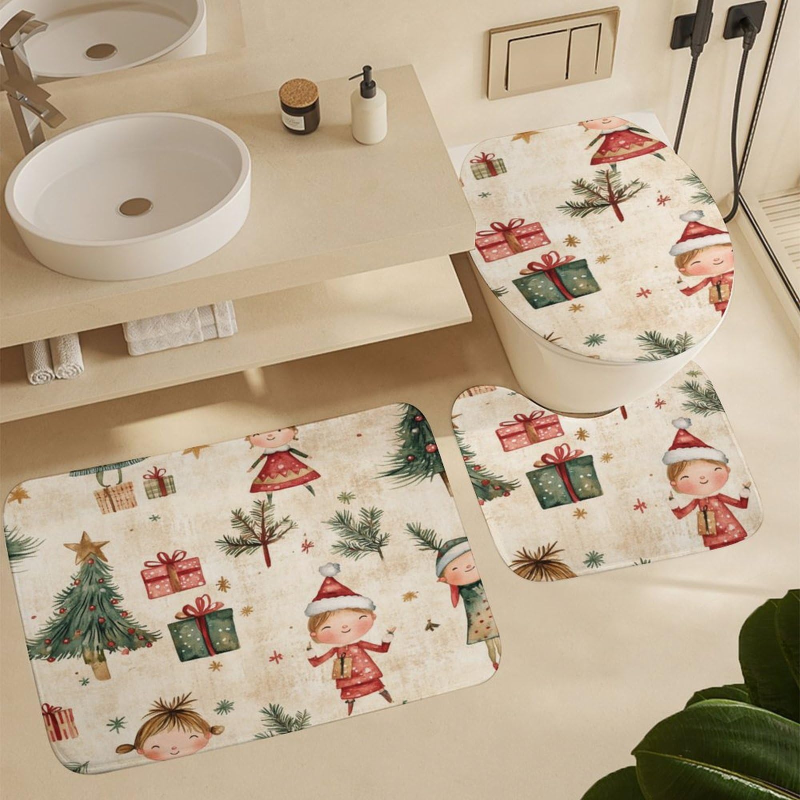 Feliz Navidad Baño de Cuatro Piezas Tappeto De Baño Absorbente Y Antideslizante, Ideal para Usar En Ducha Y Mantener El Suelo Seco 183×183cm