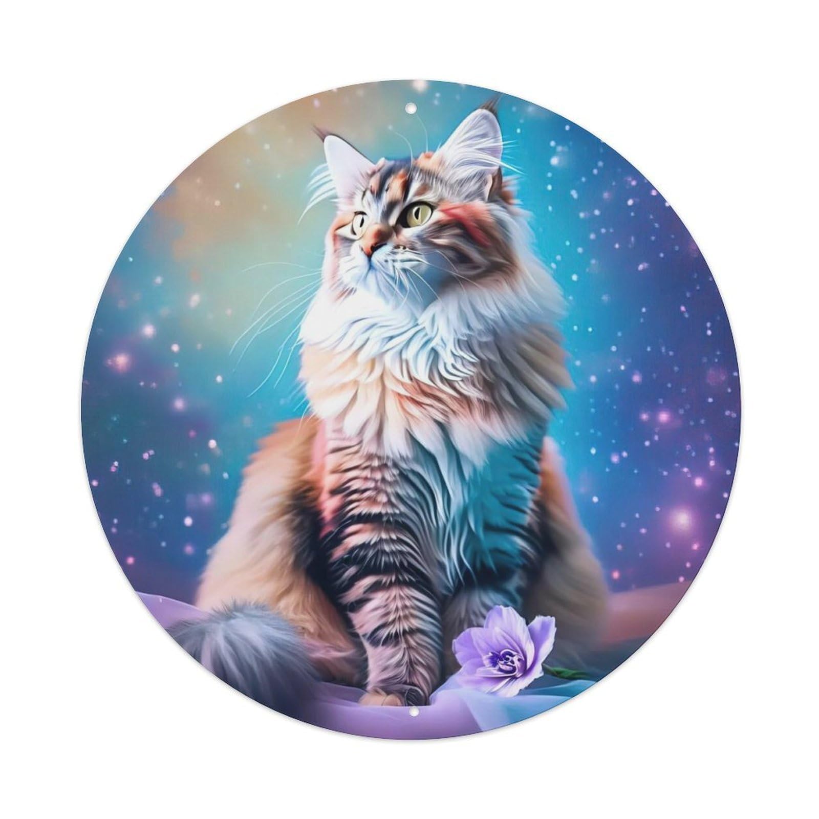 Maine Coon Cat Serenity Fantasy Night Sky Flower Constellation Artwork Vintage Metal Tin Sign Plaque Wall Decor for Cafe, Club Bar, Office, Garden Metal Poster 8x8Inch