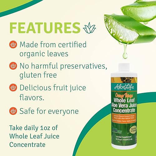 Miniatura 4 de Aloe Life - Jugo de aloe vera de hoja entera, certificado orgánico, sin gluten (papaya naranja, 16 oz)