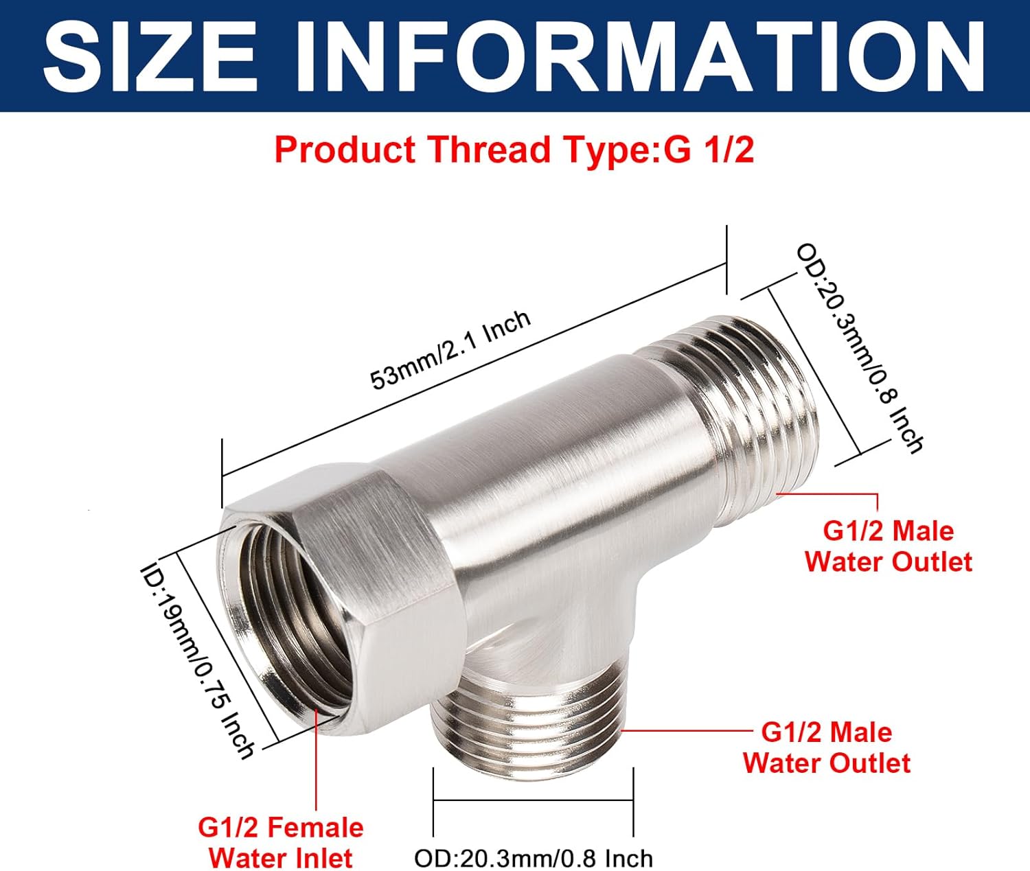 NearMoon Solid Brass G1/2" 3 Way Diverter Valve - Hose Fitting Tee, T Shape Adapter Connector for Angle Valve Hose, Bath Shower Arm, and Toilet Bidet Sprayer Faucet (Brushed Nickel)