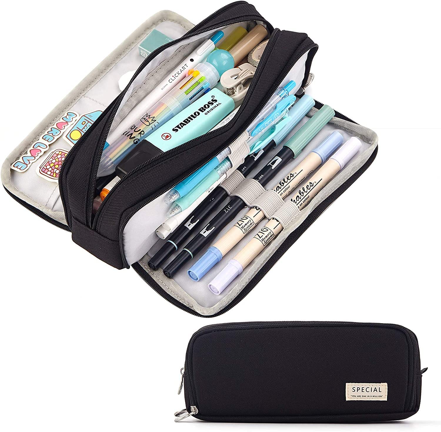 Canvas Large Capacity Pencil Box for Girls & Boys, 3 Compartments Pen & Pencil Pouches, Aesthetic Stationery Pouch for School Kids College Students, Cute Stationary Gift for Children (Black)