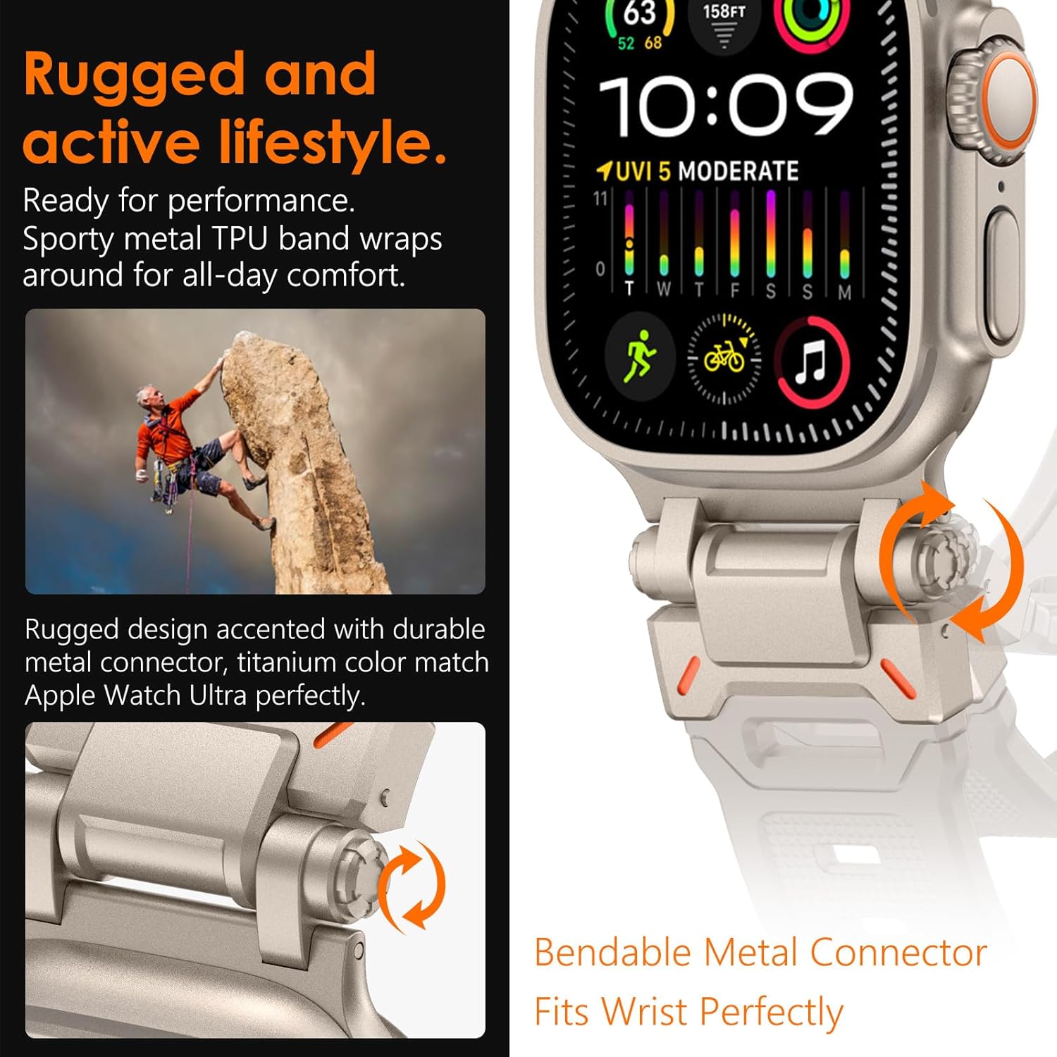 WINGLE Silicone Rubber Bands for Apple Watch Band Ultra 3/2/1 Band Ultra 49mm Series 11 10 46mm 45mm 44mm 42mm SE 3/2/1 9 8 7 6 5 4 3 Men, Military Rugged Metal Connector iWatch Sport Bands, Starlight