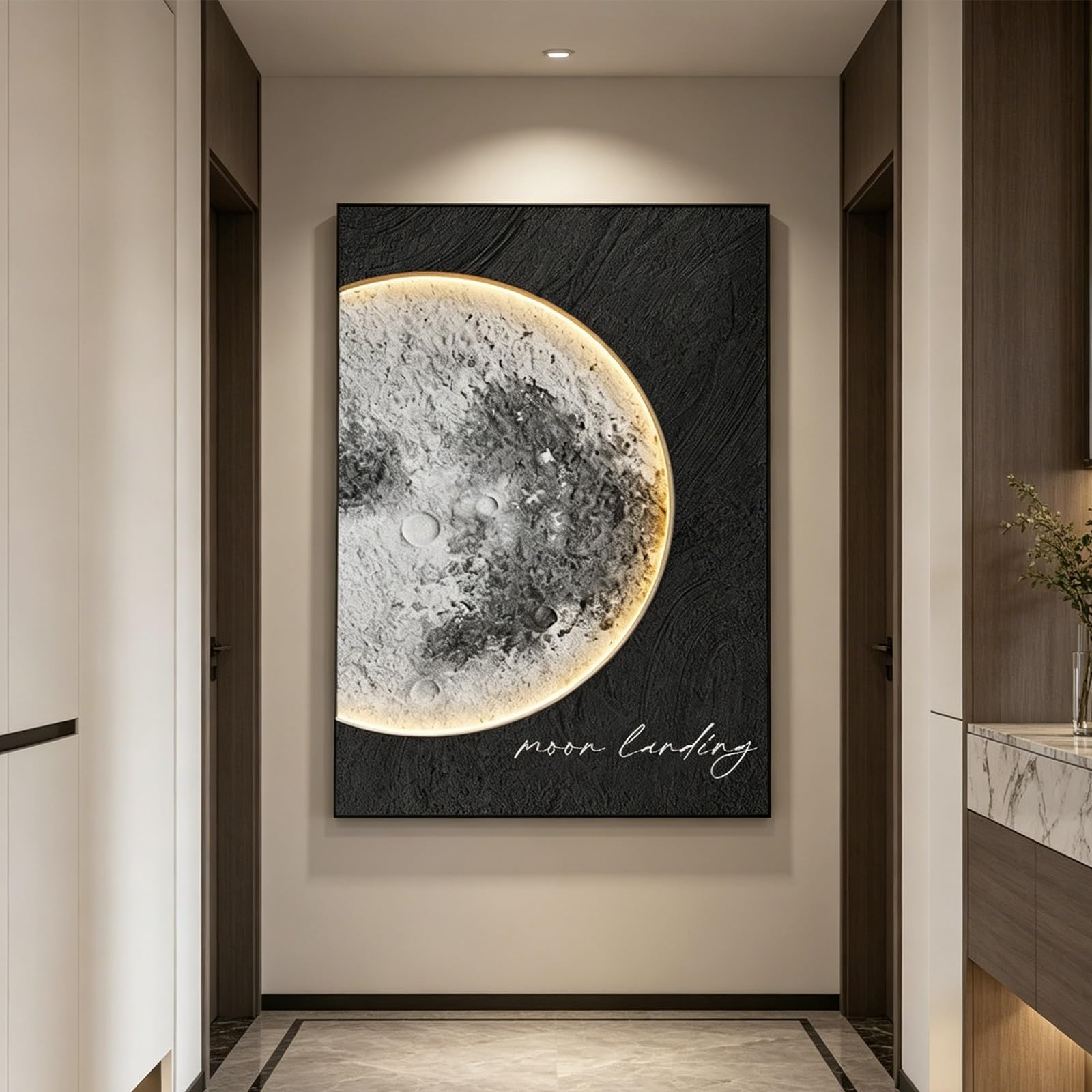 SYXHJTFZ Modern Elegant Moon Sandstone Wall Art Borderless Decor, Large Celestial Lunar Prints Warm Plug-in LED Light Remote Control for Living Room Apartment Indoor Space(D,80 * 120cm/31.5 * 47.2in)