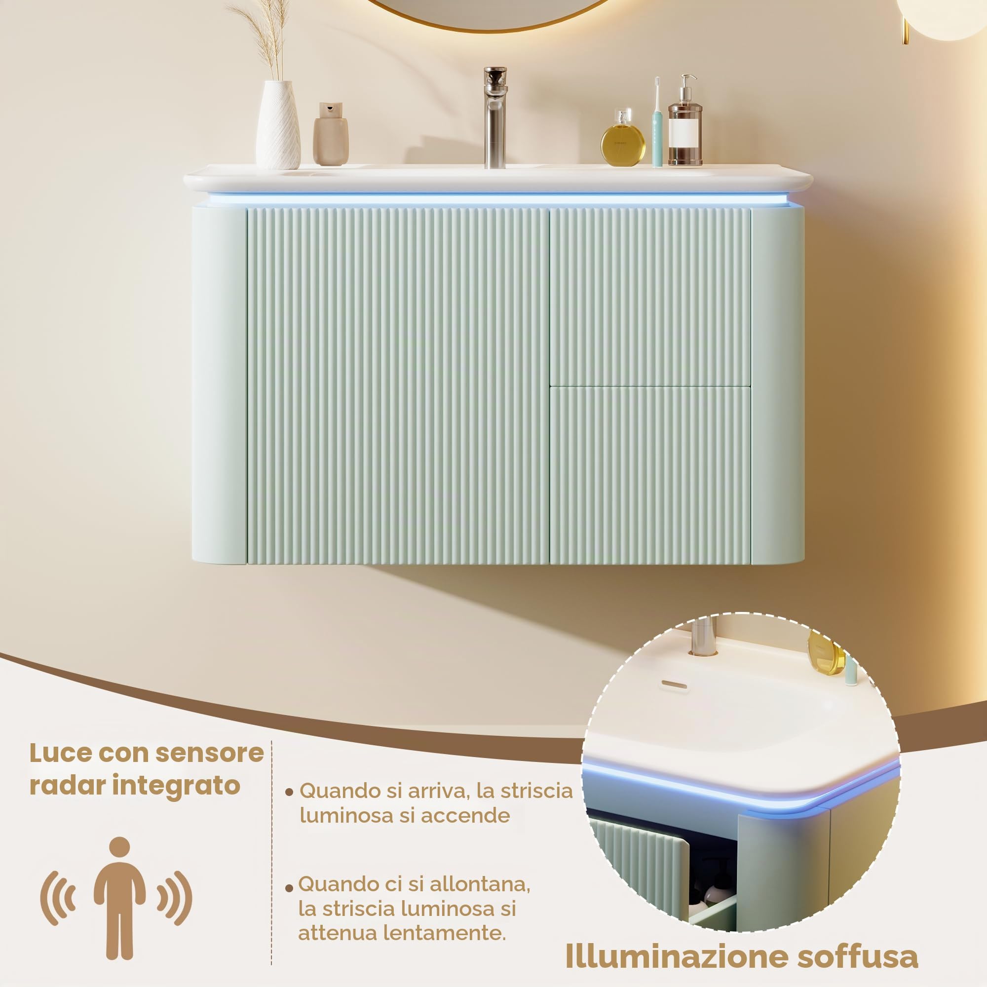 Naścienna szafka pod umywalkę 80 x 47,5 x 51 cm w pełni lakierowana konstrukcja cielęca LED czujnik światła cichy zielony zlew monoblokowy.