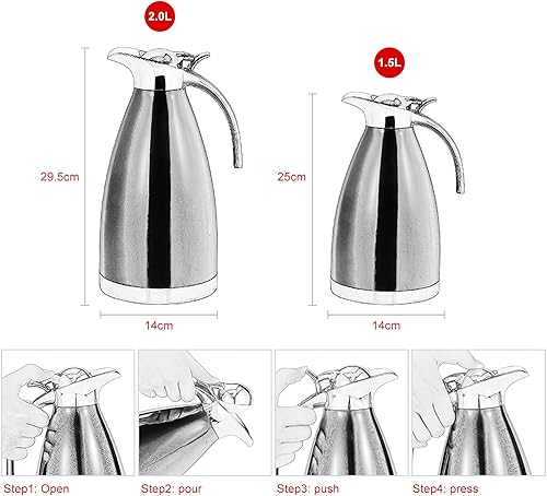 Miniatura 2 de Jarra térmica de café de acero inoxidable con tapavacío de doble pared  12 horas de retención de calor 1.5-2 litros (2L-plateado)