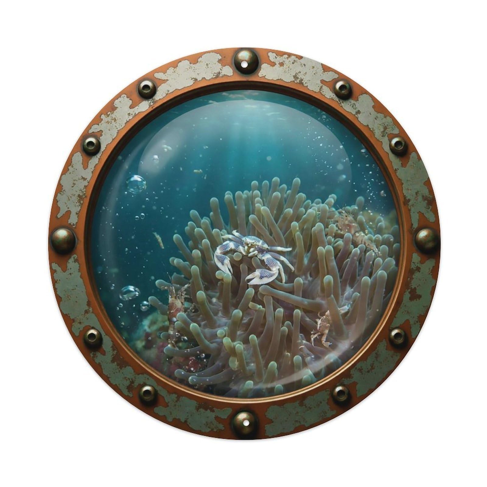 Odgynaw 8X8inch(20X20cm) Vintage Porthole Porcelain Crab Nautical Window View Metal Tin Sign