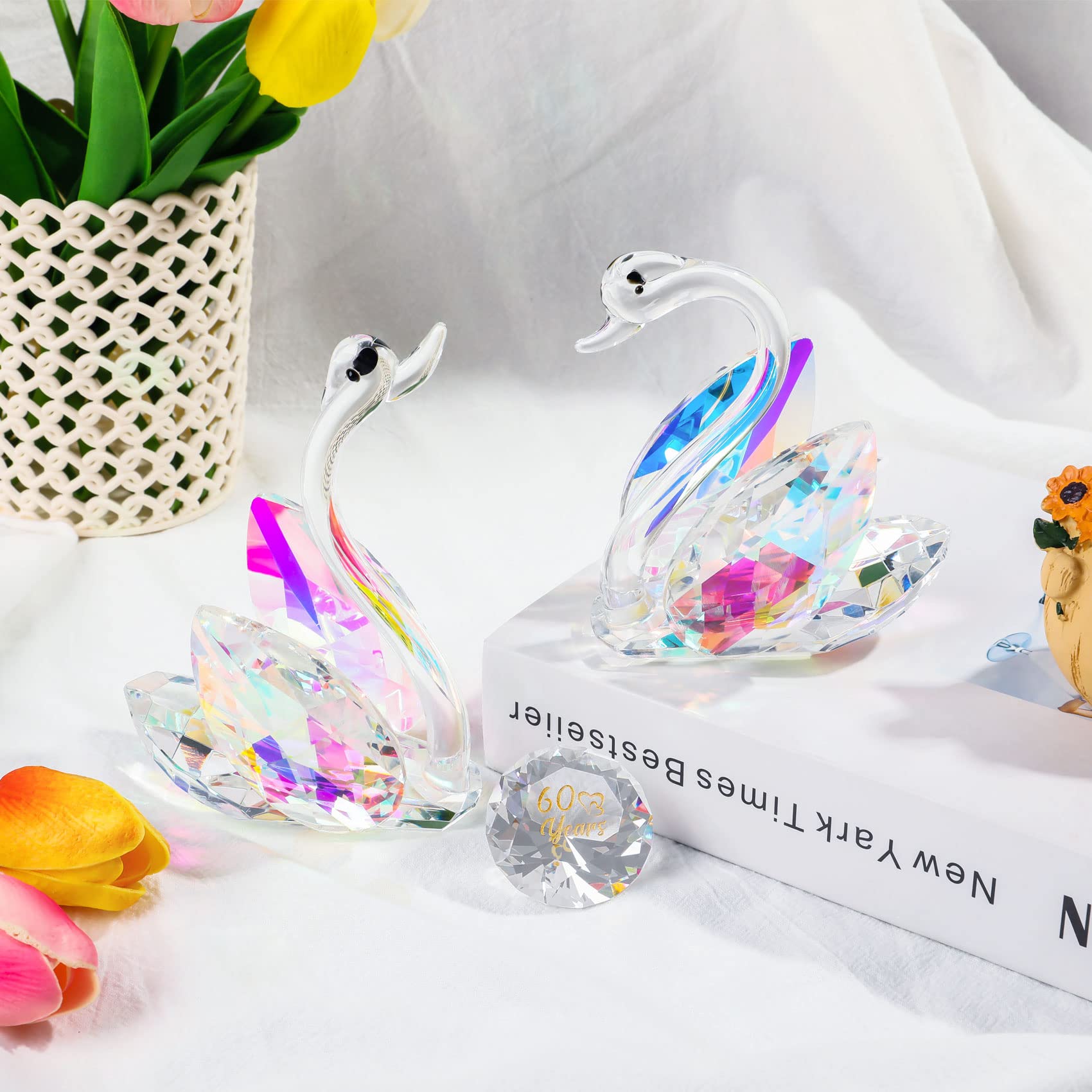 YWHL 60th Wedding Anniversary Swan Gifts for Parents Grandparents, 60 Years Anniversary for Couple, Crystal Figurine Decoration with 60 Years of Love Diamond