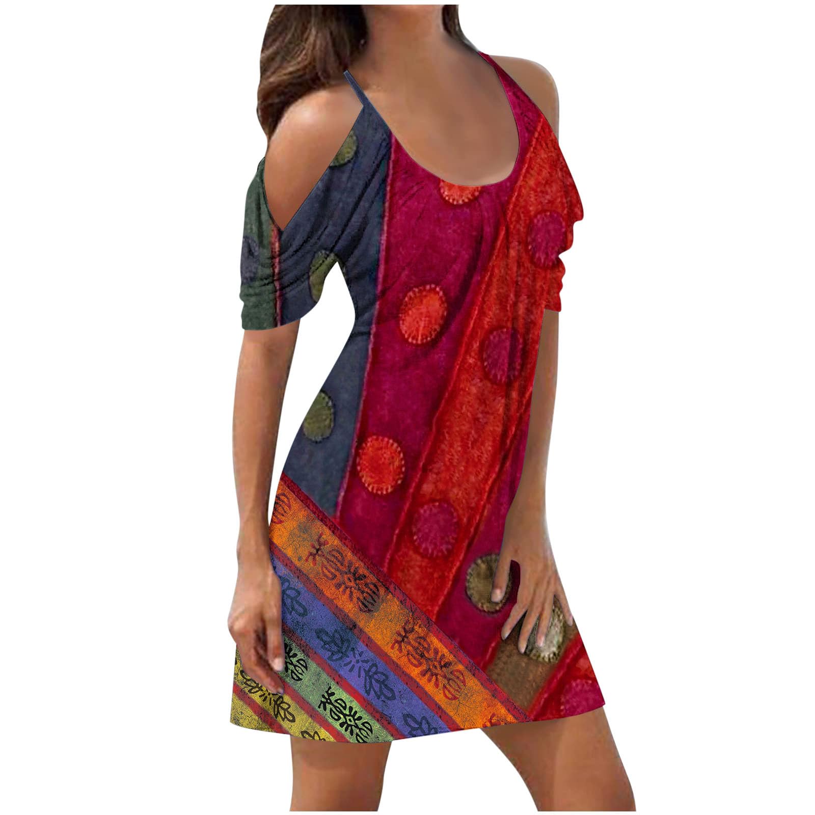NUSGEAR 2024 Vestidos Corto para Mujer Vestido Verano Estampados Floral Moda Fiesta Playa Casual Sexy Vestidos un Hombro Manga Corta Cuello Redondo Suelto Elegante Vestidos de Noche Vacaciones Bohemio