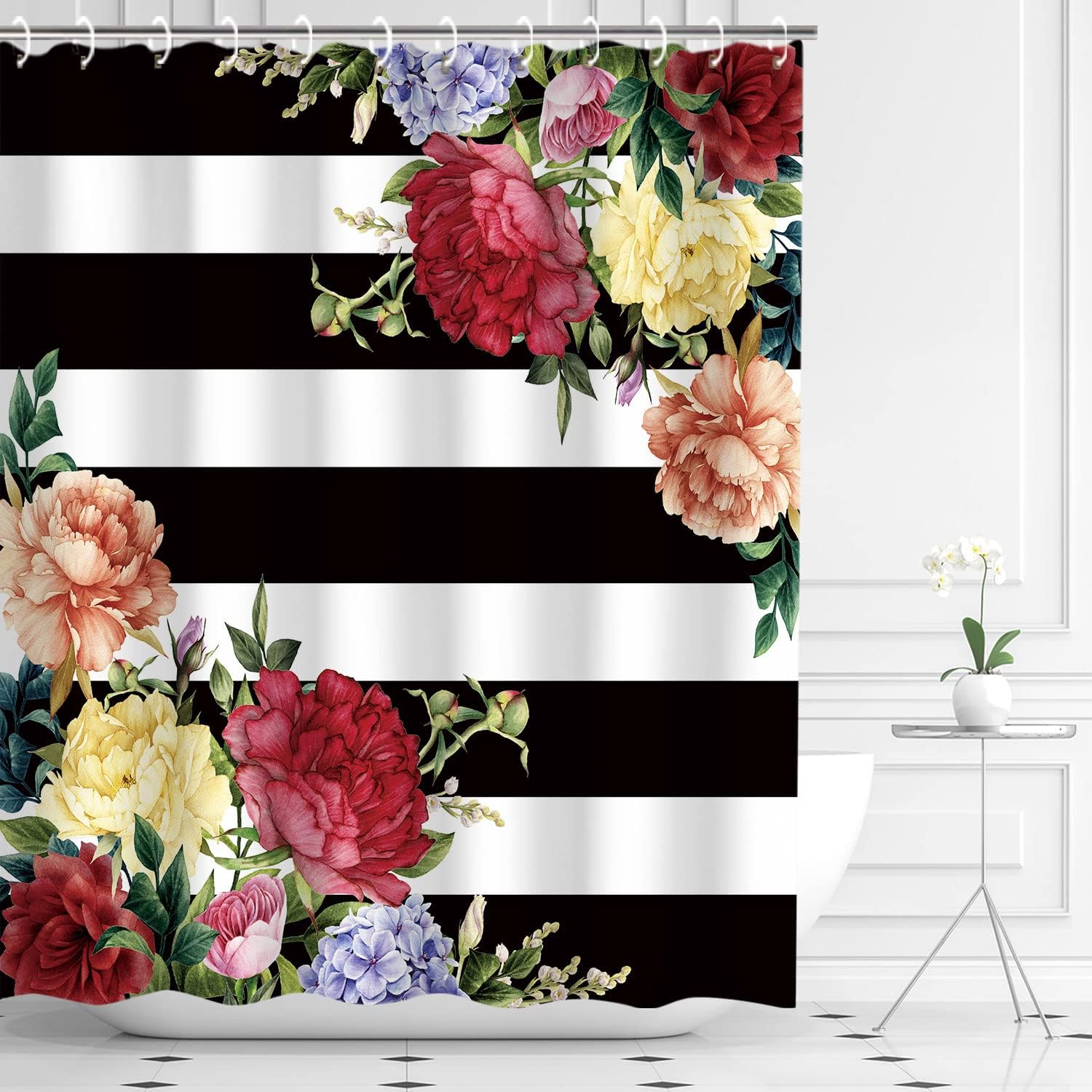 LIVILAN Black White Stripe Peony Shower Curtains with 12 Hooks, Floral Shower Curtain, Waterproof Fabric Bath Curtain, Home Bathroom Decoration, 72" W x 72" H