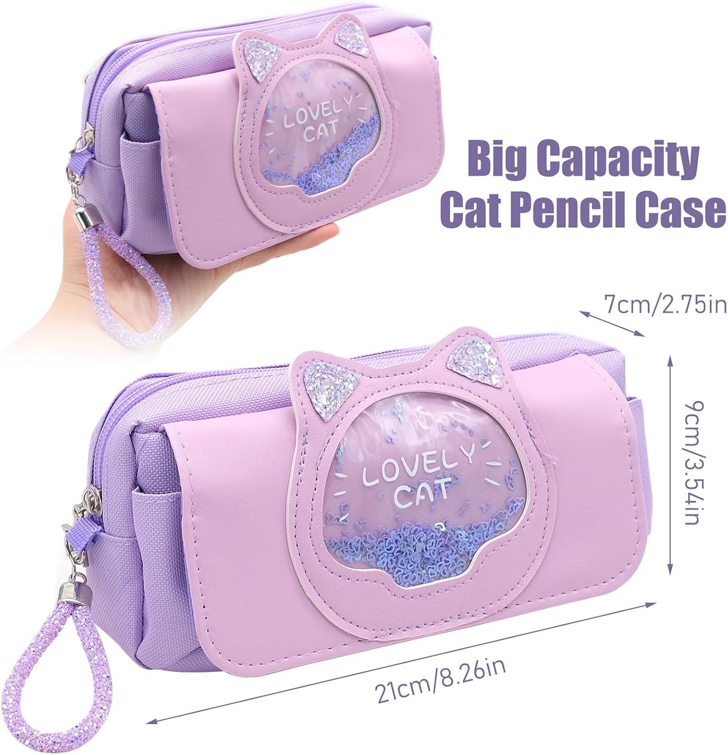 Large Capacity Pencil Case, Purple Cute Cat Pencil Pouch, 3-Compartment Cartoon Pencil Bag