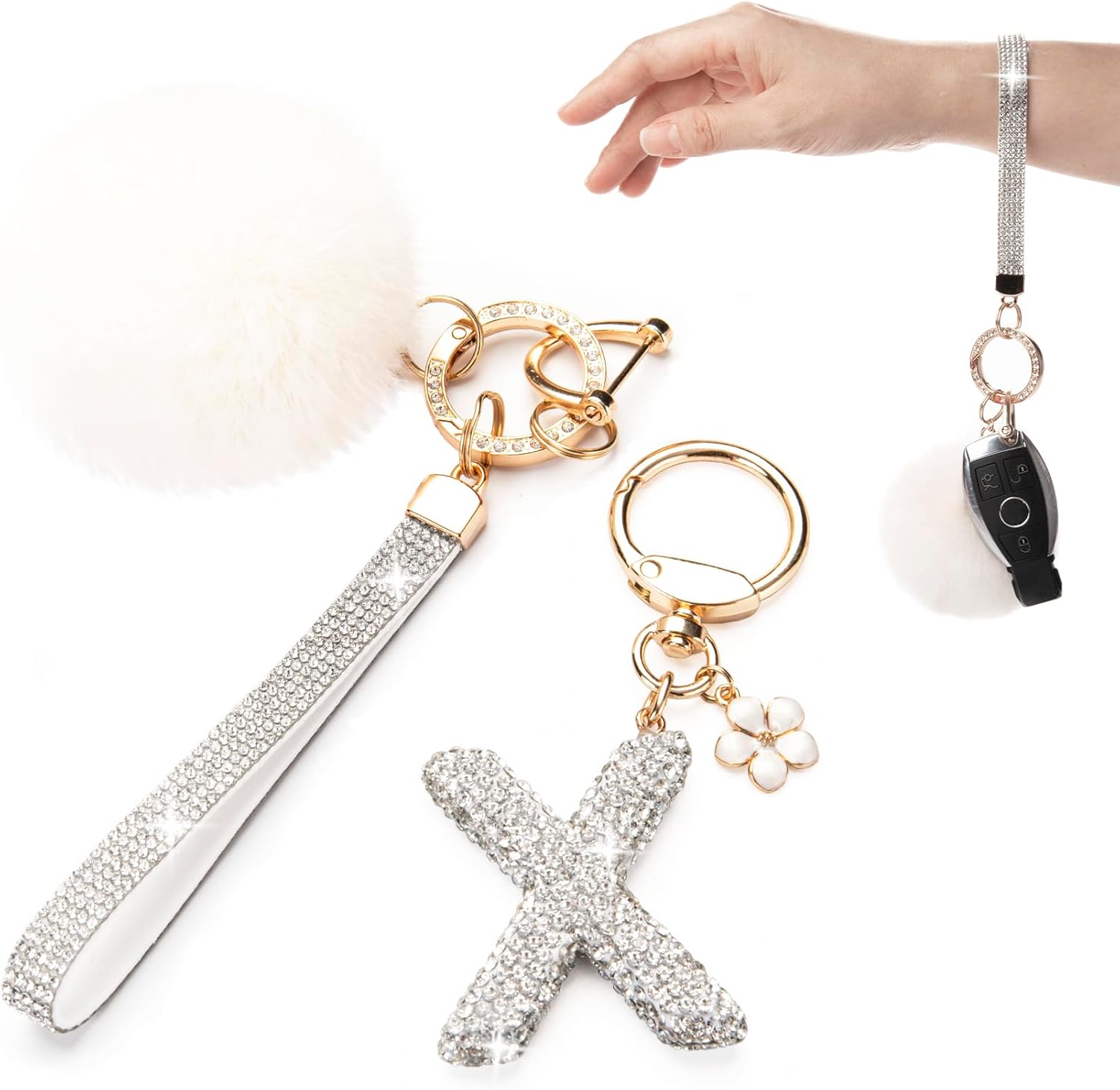 Initial Letter Keychain for Women Girl Bling Rhinestone Sparkly Bag Backpack Purse Charm Cute Pom Pom Key Chain Wristlet