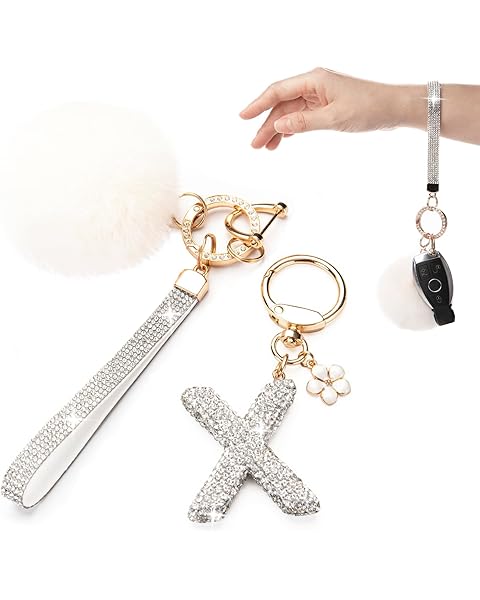 Initial Letter Keychain for Women Girl Bling Rhinestone Sparkly Bag Backpack Purse Charm Cute Pom Pom Key Chain Wristlet