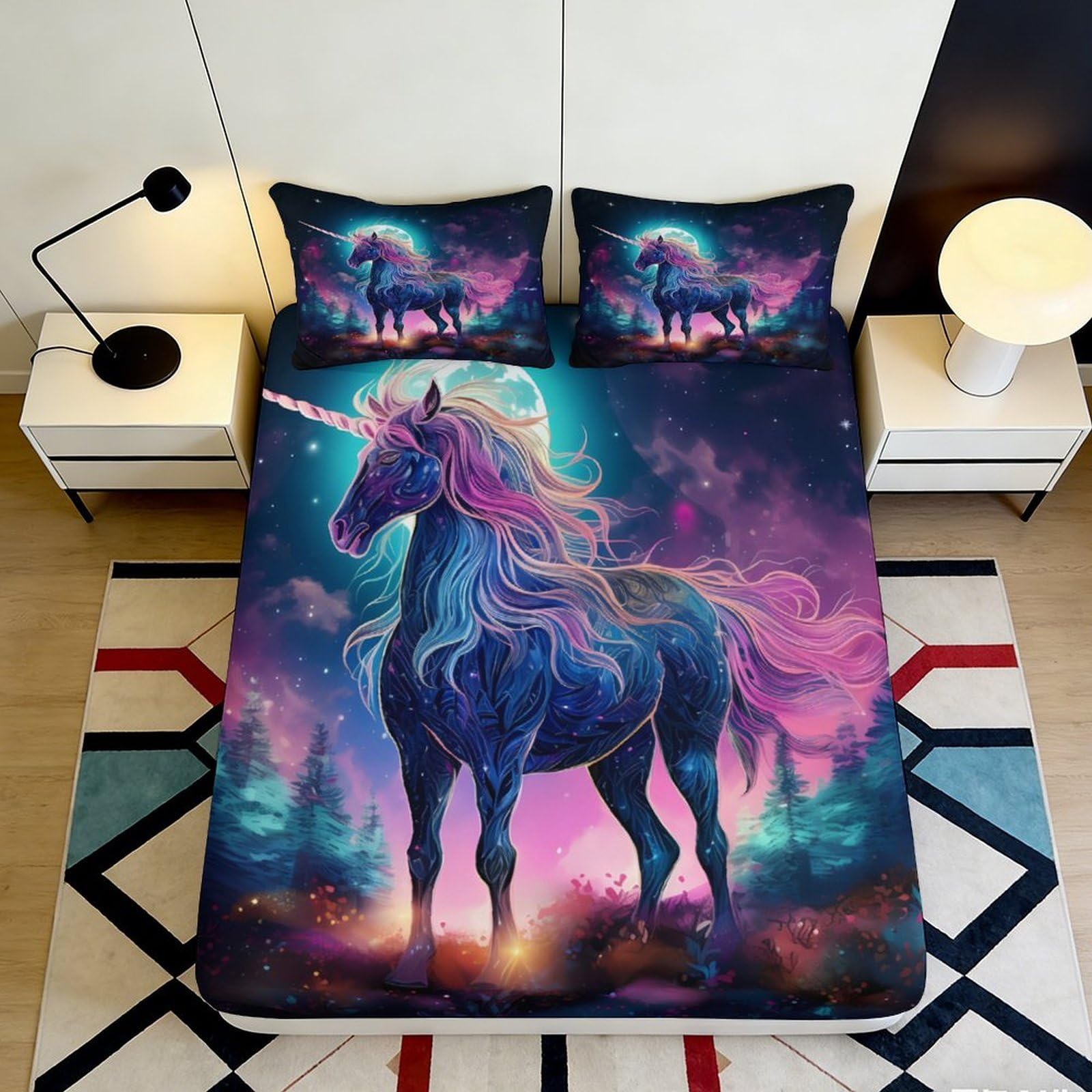 Jqzkxnhpbr Style-2 3D Printed Fantasy Unicorn Fitted Sheet Microfiber Soft Breathable Aurora Bed Cover For Bedroom Dorm Mattress Protection Decor 90X200x25cm