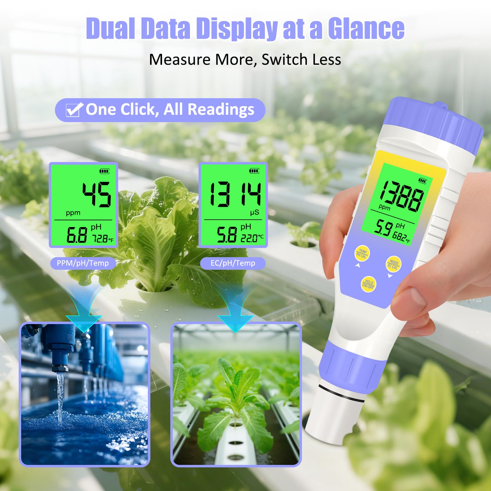 Medidor de pH y TDS, probador digital de pH para agua, 5 en 1 pH/TDS/EC/salinidad/temperatura, probador de agua para beber en el hogar, piscina y acuario, con resolución 0.01
