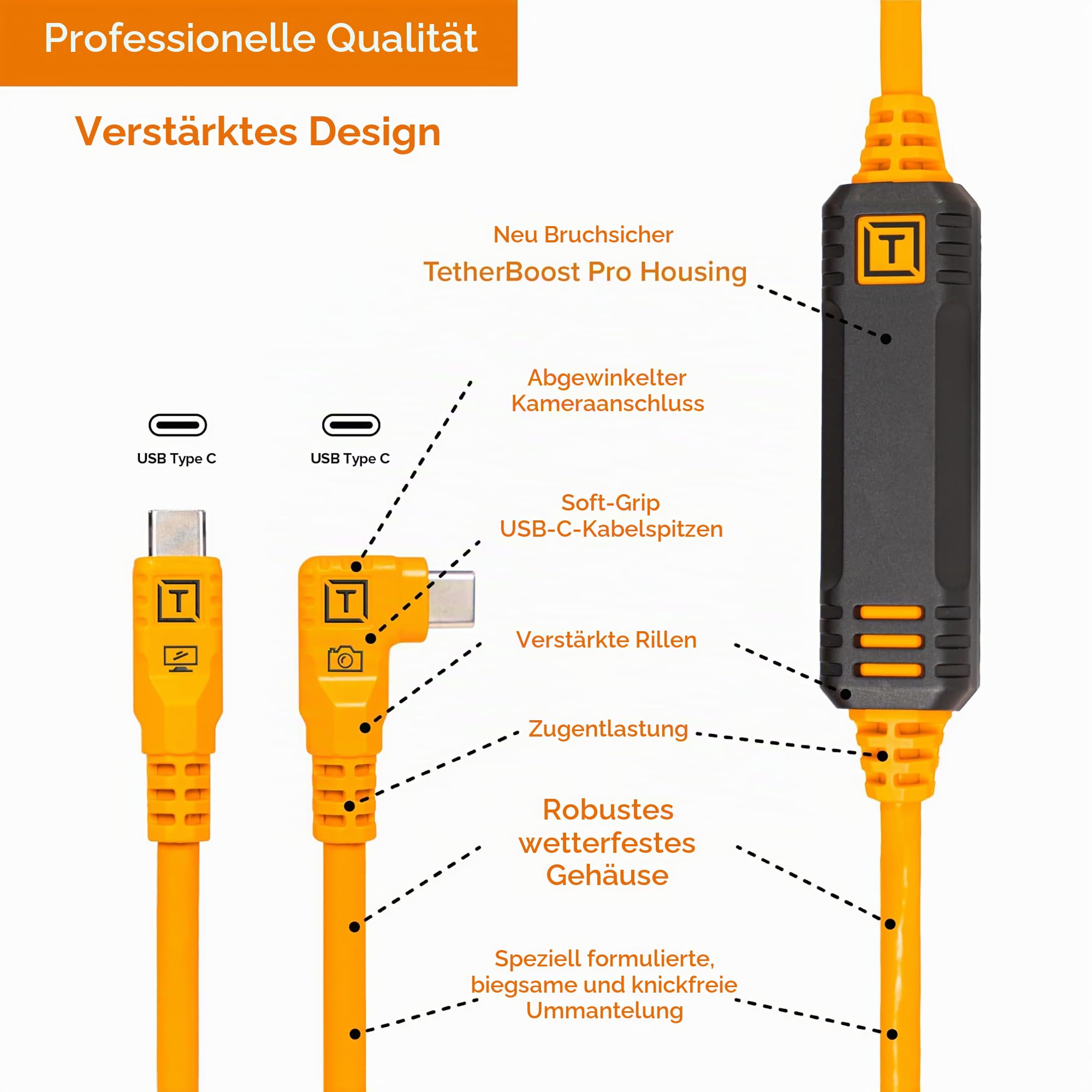 TetherPro Optima 10Gbps Gen 2 USB-C, 4,6 m, gerade nach rechts, hohe Sichtbarkeit, Orange | USB-C 3.2 Gen 2 aktives Datenkabel, Orange, ohne Pd