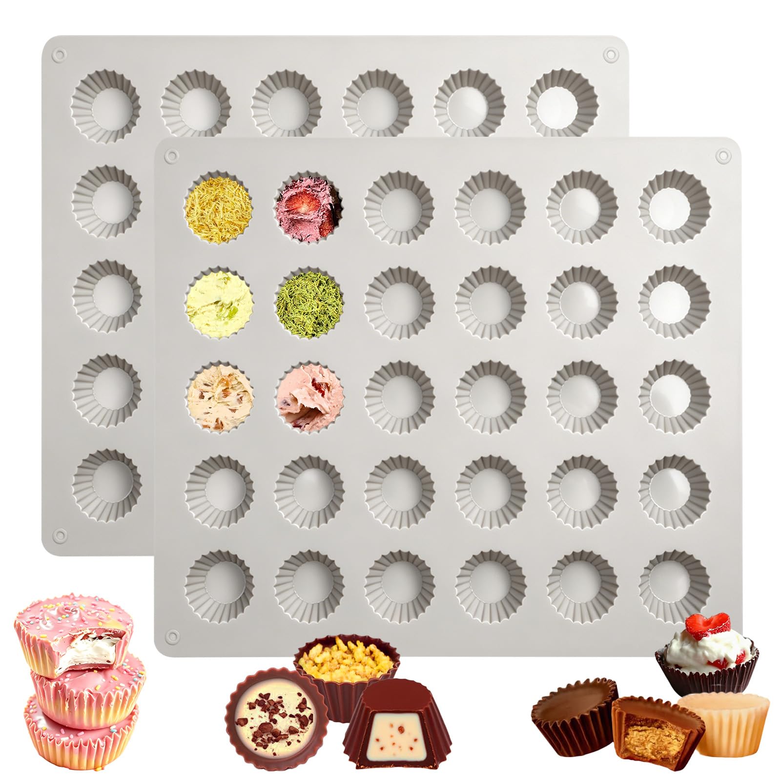 Silikon-Schokoladenformen 2er-Set, 30 Mulden, Mini-Süßigkeiten | Erdnussbutterbecher-Form, Mundgerechte Größe, Für Trüffel & Brownies, Grau