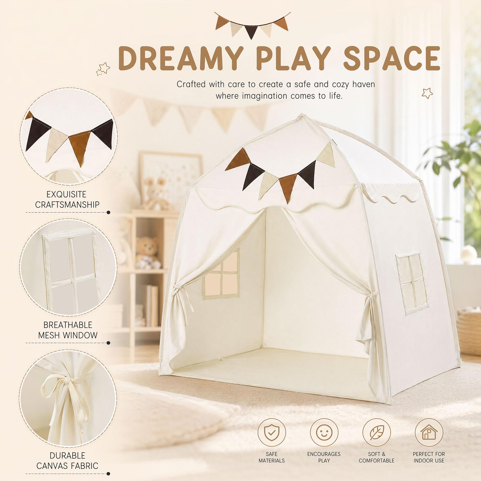 Extragroßes Spielzelt für Kinder – Tragbares & Faltbares Tipi Spielhaus mit Flaggen, Jungen & Mädchen, Kuppelzelt für drinnen und draußen, 150x100x150 cm (Cremefarben)