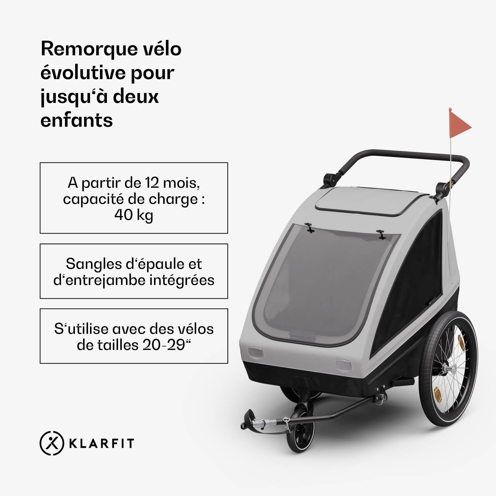 KLAR FIT GoKiddo Remorque Vélo Enfant - 2-en-1 Remorque & Buggy avec Freins, Ceintures de Sécurité, Sièges Réglables, Capacité 40kg, Protection Pluie & UV, Pliable, Gris Clair
