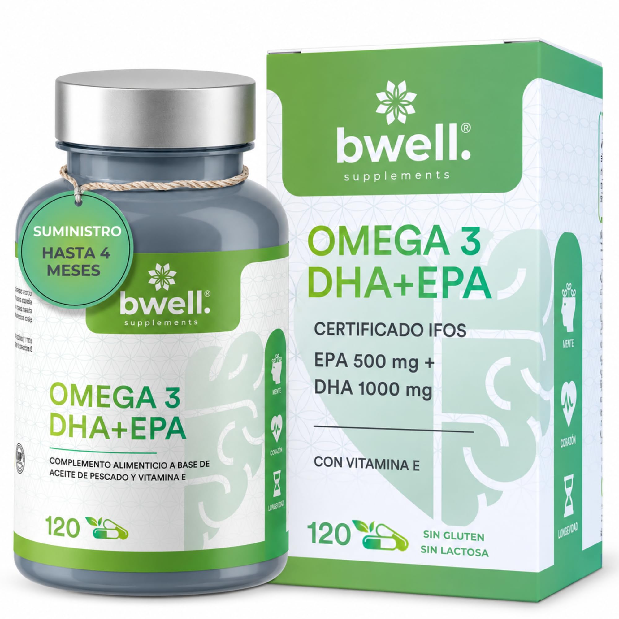 Omega 3 Capsulas Certificado IFOS 500mg EPA + 1000mg DHA 1500mg Alta Concentracion por Dosis + Vitamina E 120 Uds para 4 Meses – Apoya Memoria Vista Corazon y Defensas sin OGM - BWELL