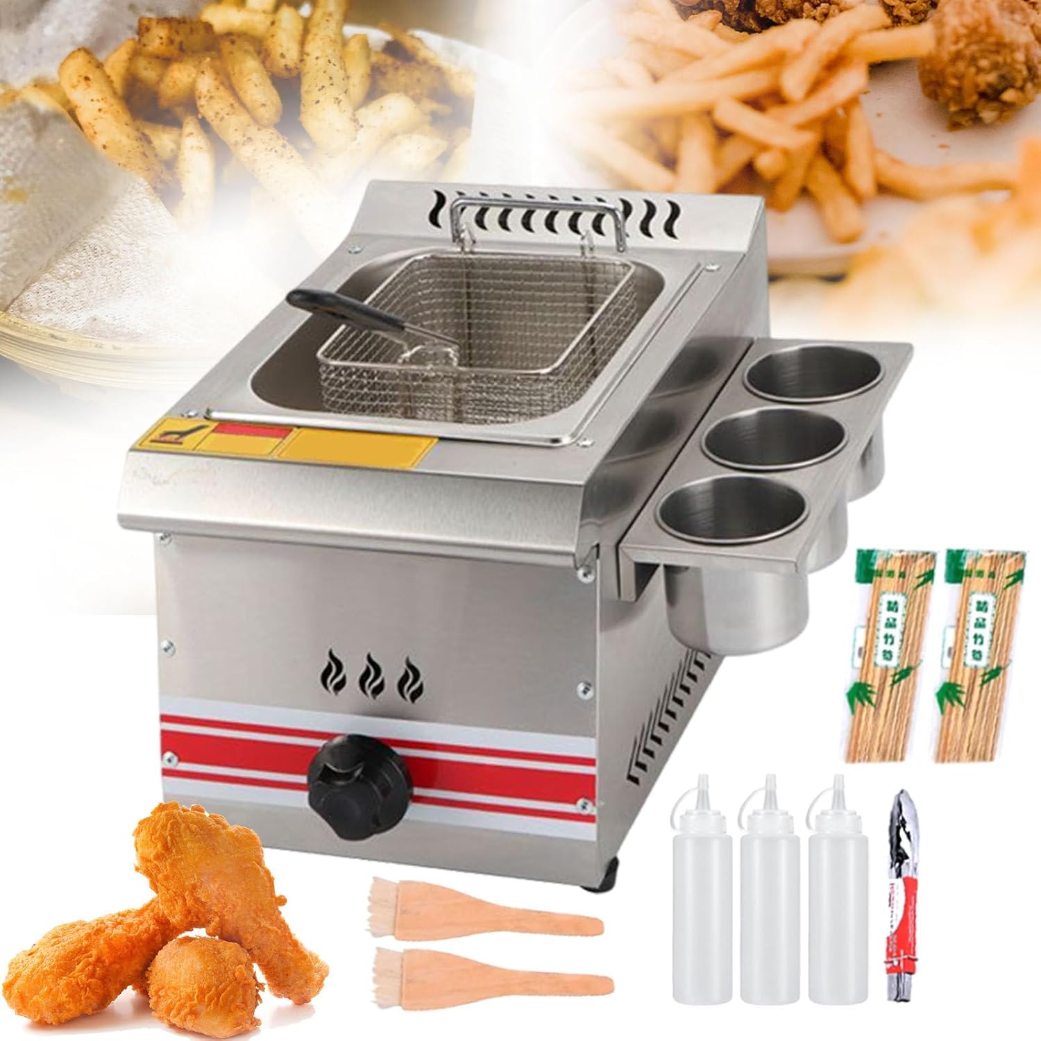 Commercial Deep Fat Gas Fryer, Stainless Steel Fryer with Condiment Rack and Sauce Bottles, Professional Gas Fryer for Fast Food Restaurant, Removable Oil-Container,10L ()