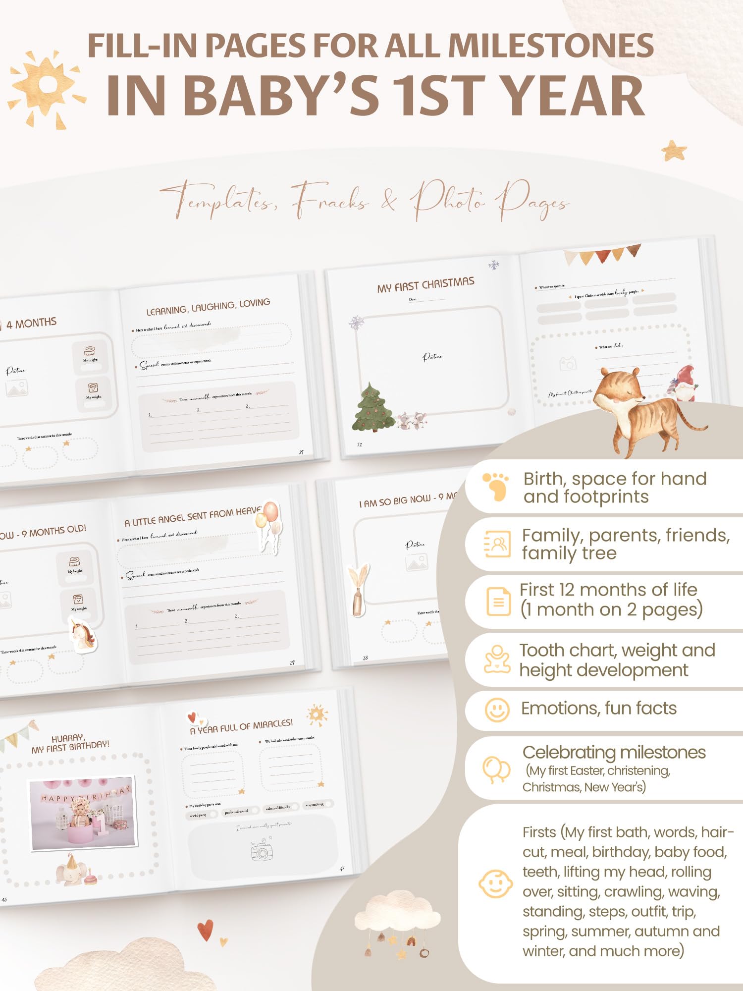 Hyggartn Baby Memory Book & Photo Album “My First Year”, First Year Keepsake for Photos & Milestones, with Stickers - Image 3