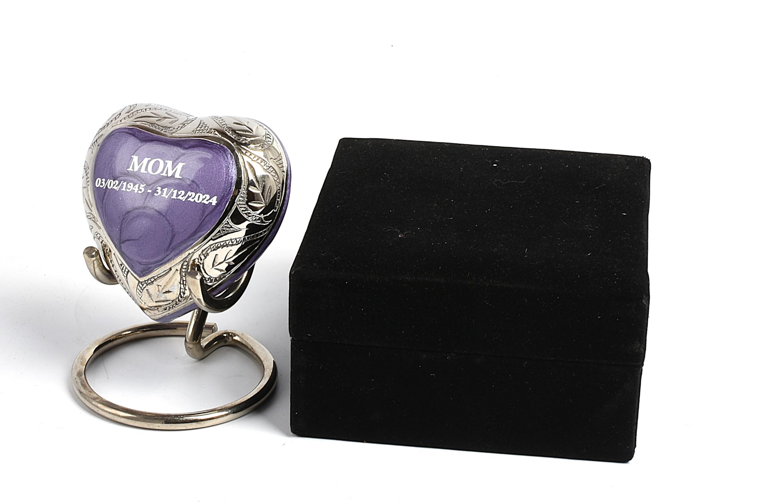 Small Heart Keepsake Cremation Urn for Ashes – 3-Inch Memorial Heart with Secure Screw Lid, Approx 15 Teaspoons Capacity, Includes Display Stand & Velvet Box (Purple Silver- Text Engraved) — image 1