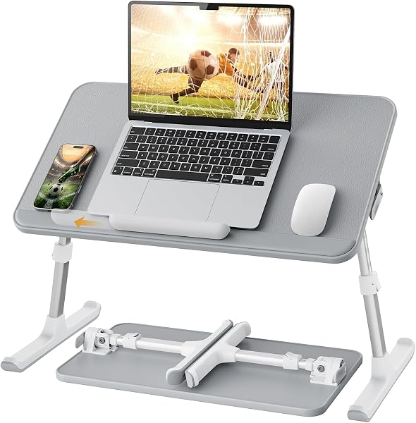 Biurko na kolano, stolik do łóżka, grube, stabilne nóżki, regulacja wysokości i kąta, wystarczająca ilość miejsca na mysz, laptop do 17 cali, do biura domowego, śniadania, gabinetu (szary, 52 x 30 cm)