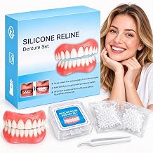 Silicone Reline Denture Set, Temporary False Teeth Veneers for Men and Women, Natural Looking Smile Makeover