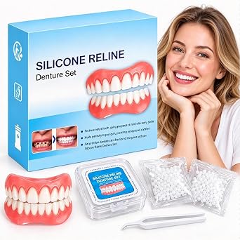 Silicone Reline Denture Set, Temporary False Teeth Veneers for Men and Women, Natural Looking Smile Makeover