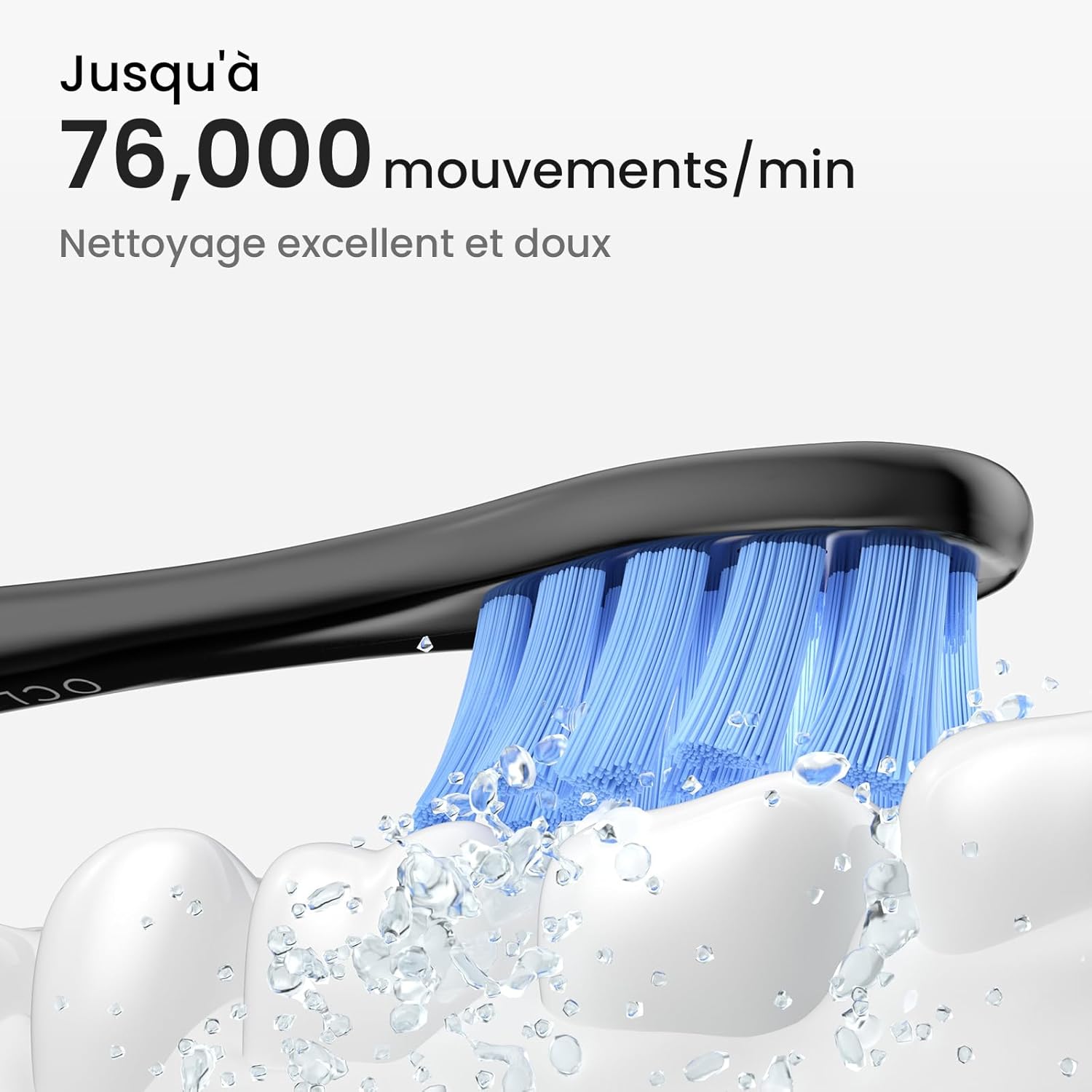 Close-up of Oclean Flow brush head with water droplets, indicating 76,000 movements per minute