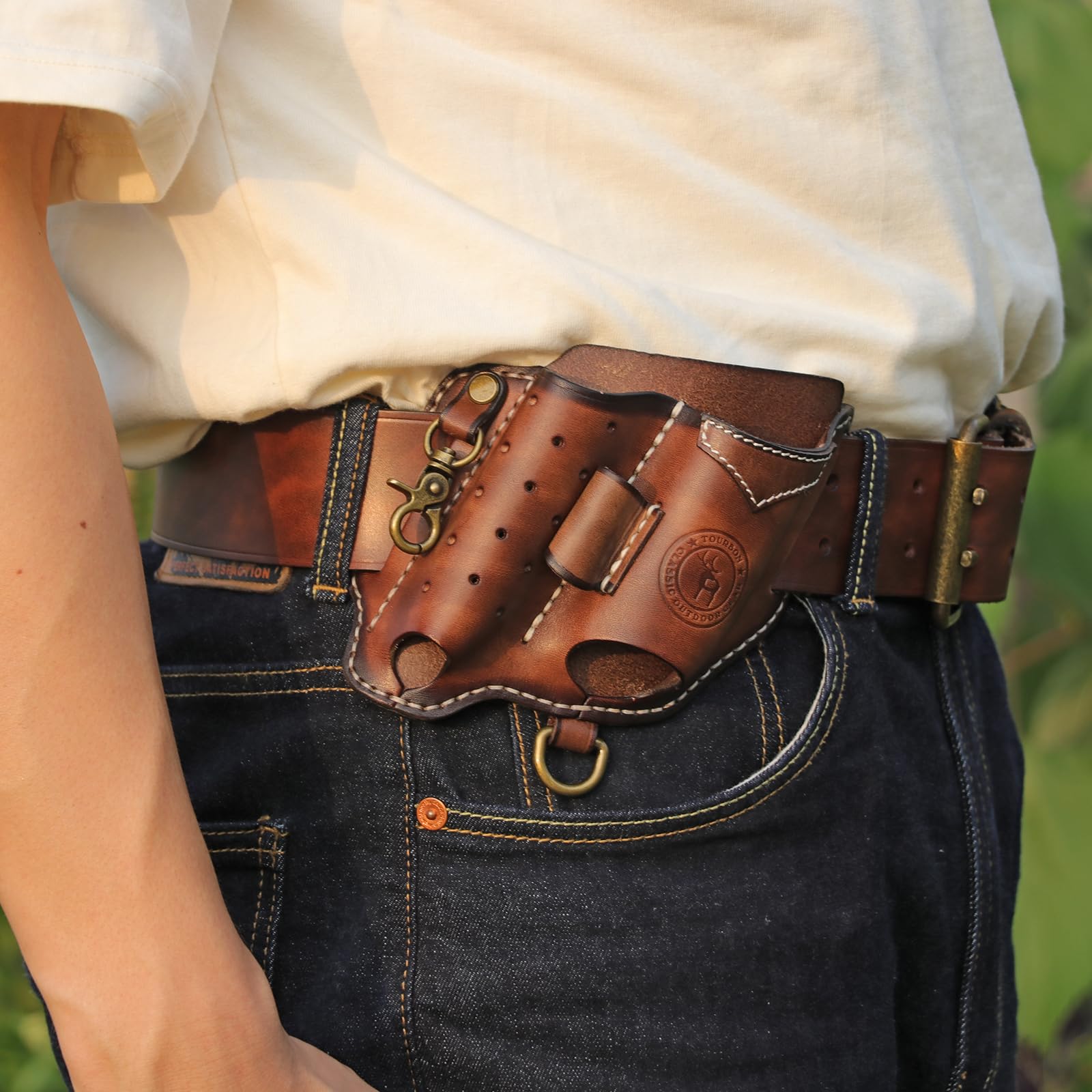 Tourbon Étui multifonction pour ceinture en cuir EDC Organiseur de poche avec porte-clés et étui de lampe de poche