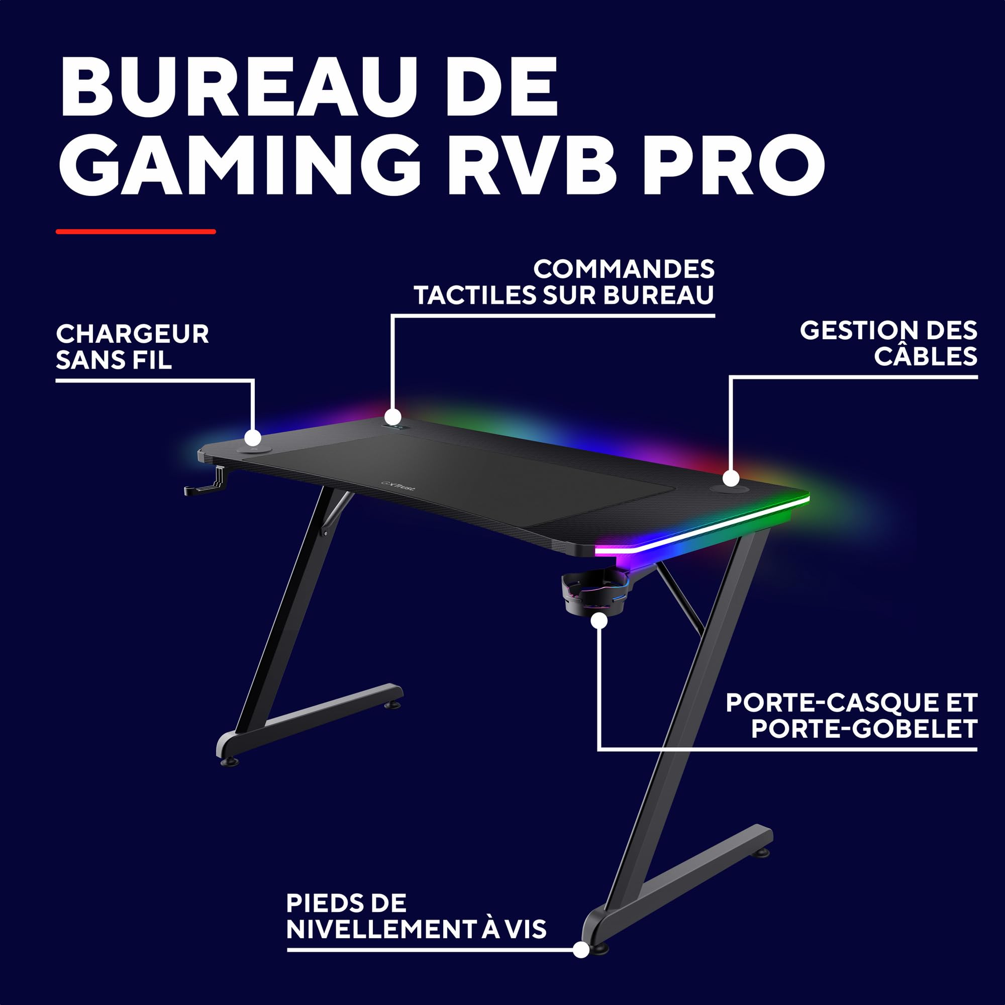 GXTrust Luminus Pro Bureau Gaming 120x60 cm avec LED RGB, Noir