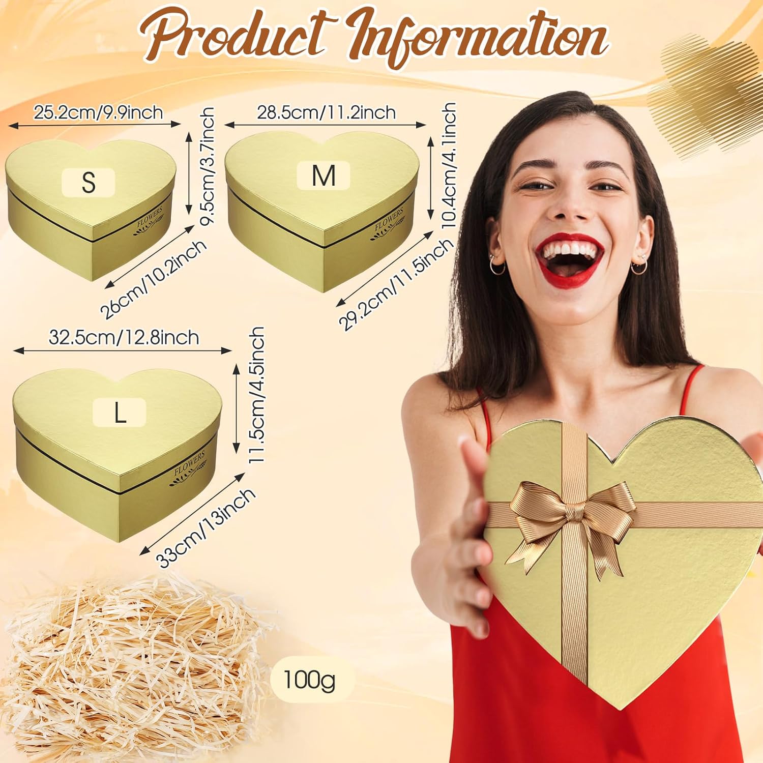 glenmal 3 pcs valentine's day heart shaped gift boxes with lids 100g shredded paper fill nesting heart flower boxes for valentine wedding birthday baby showers present packaging(gold)