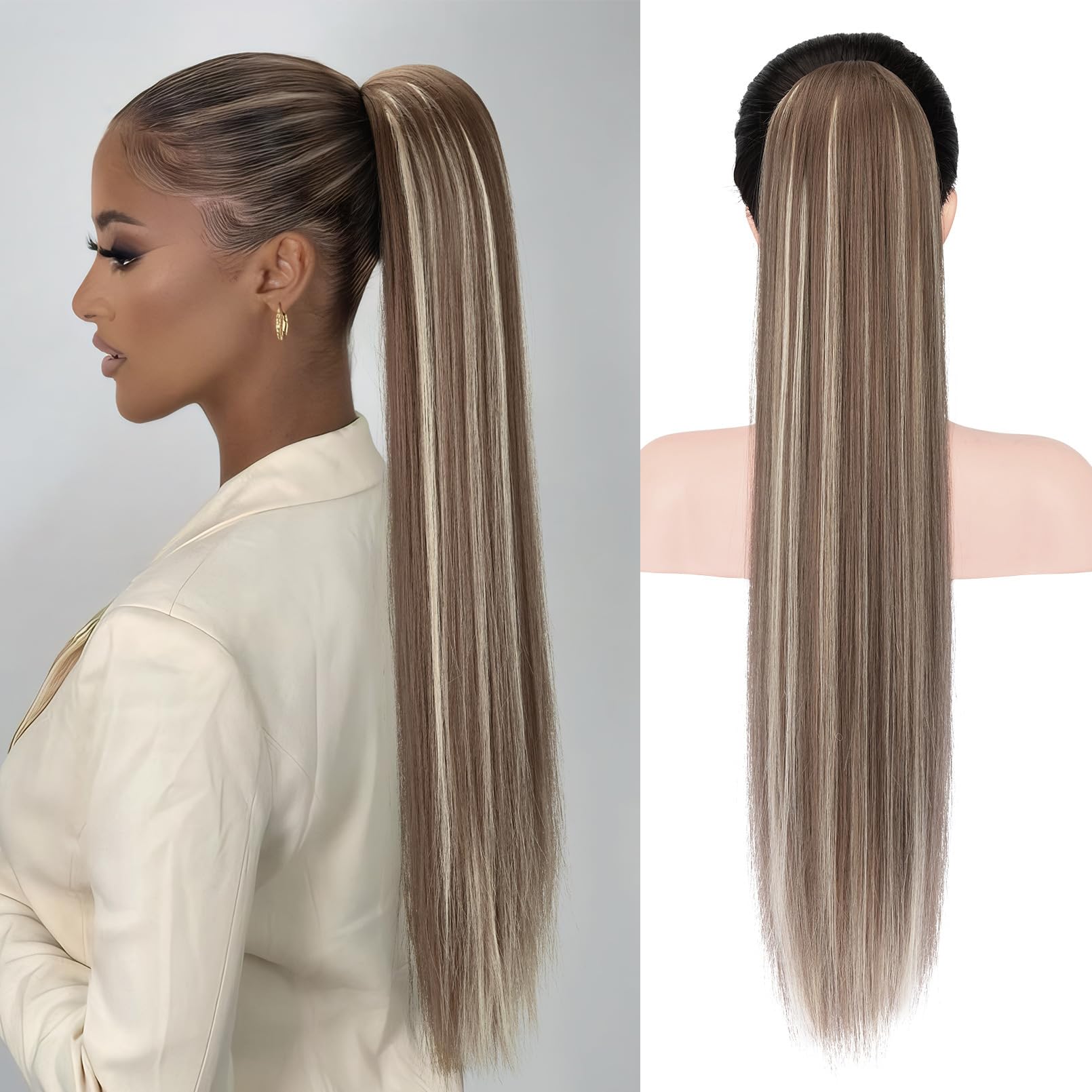 REECHO Ponytail Extension, 28" Long Straight Drawstring Pony Hair Extension Synthetic Pony Tail Hairpiece for Women - Light Ash Brown