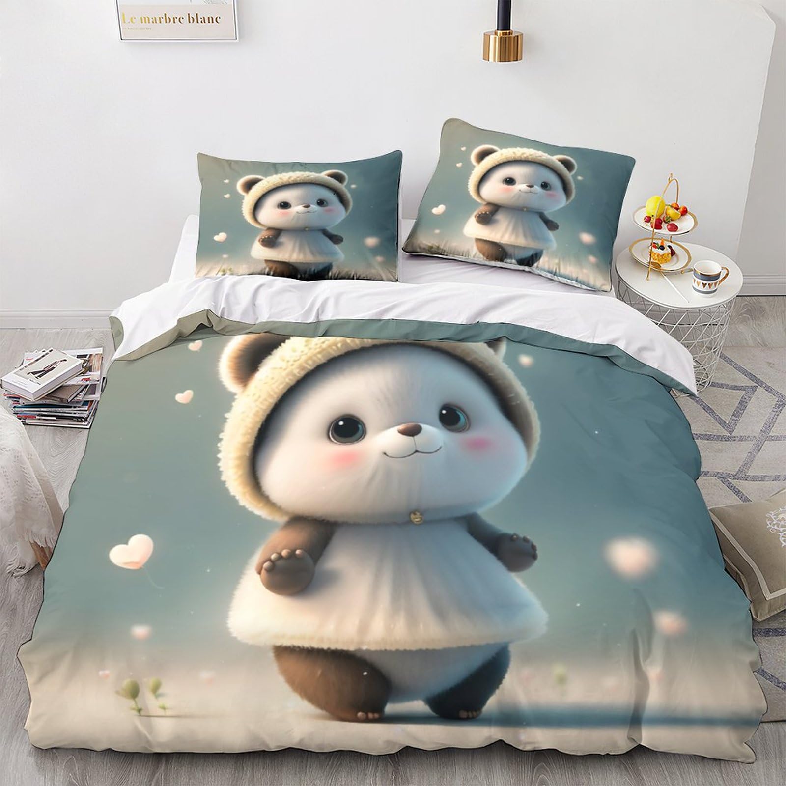 Housse de couette oursons anti-plis en microfibre respirante pour lit deux personnes