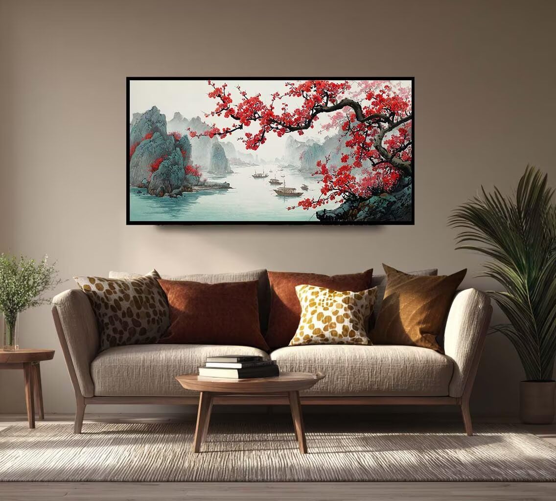Malarstwo diamentowe dla dorosłych, duży, XXL, 80 x 160 cm, 5D, obraz do malowania diamentami, naturalny krajobraz, prostokątne kamienie, czerwone kwiaty, sztuka diamentowa, do domu, na ścianę (DP380)